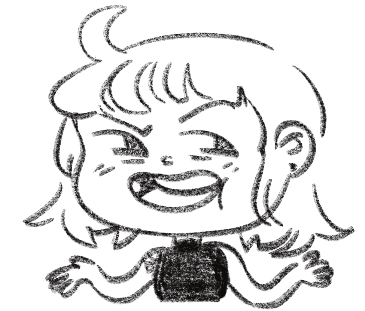 Cartoon of a happy girl with pigtails, smiling with closed eyes and tears of joy.