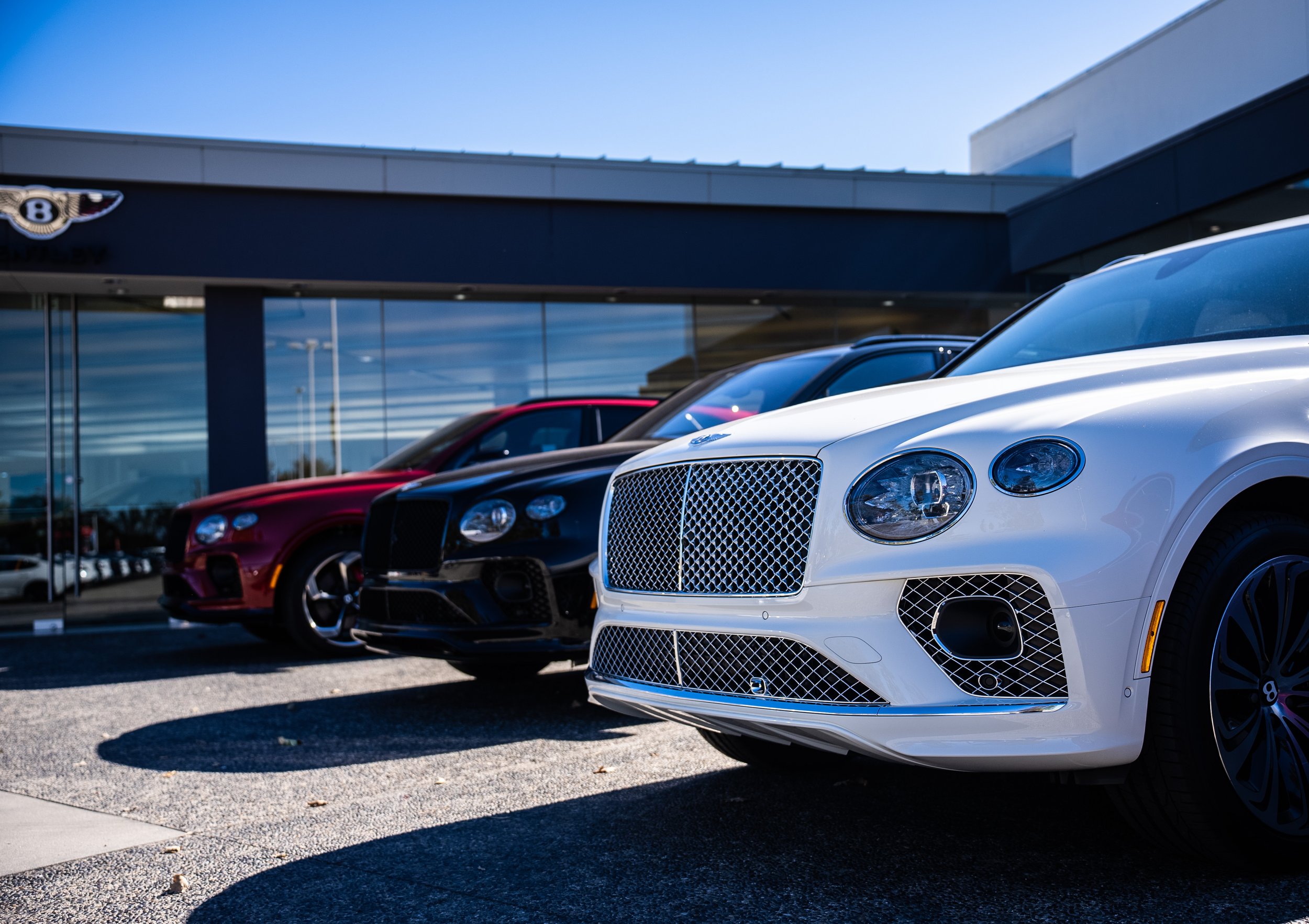 Front view of three luxury cars parked outside a Bentley dealership, including a white Bentley, a black Bentley, and a red Bentley, with a modern building and clear blue sky in the background.