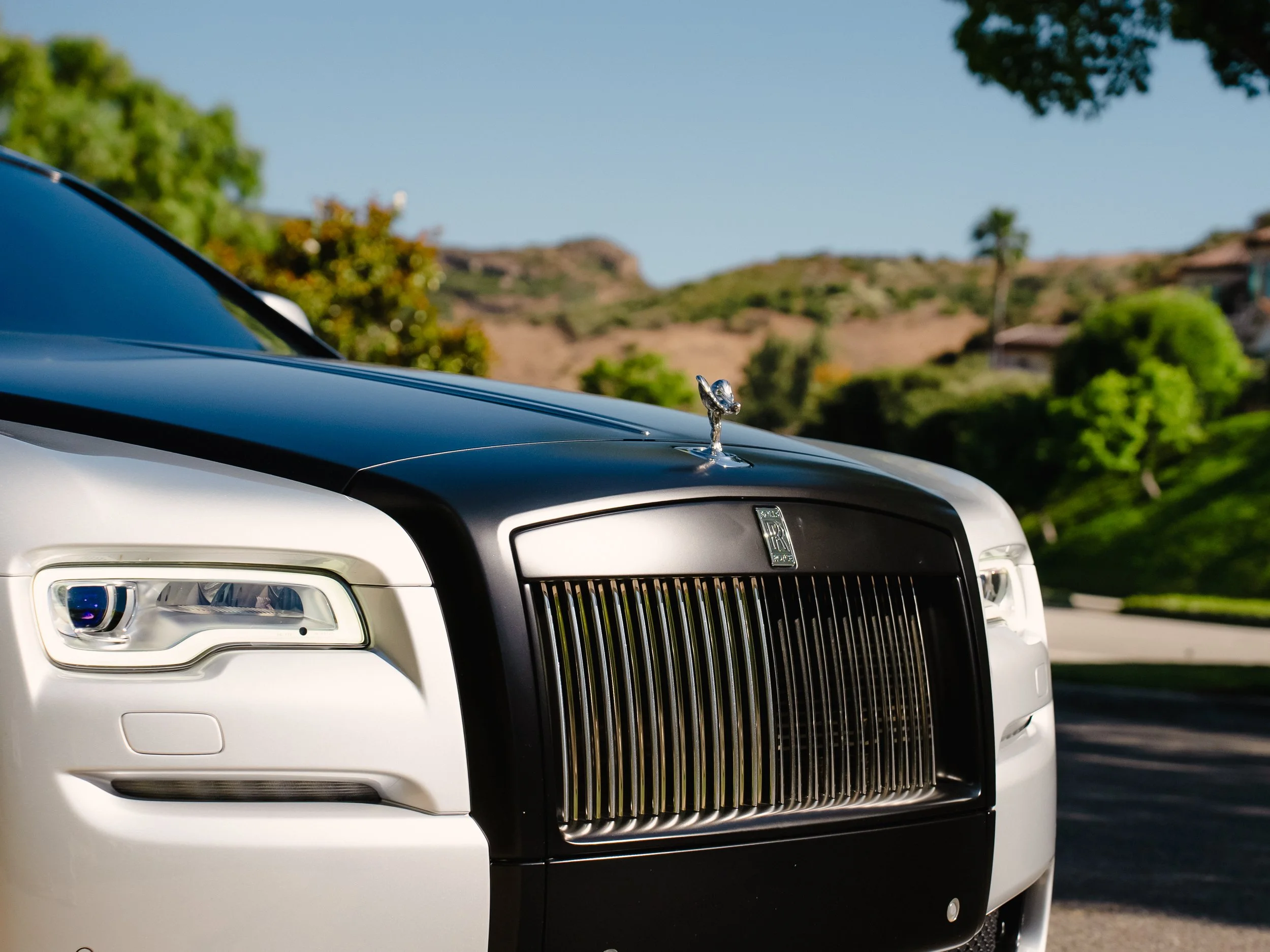 Close-up of a Rolls-Royce car's front grille and hood ornament, with trees and rolling hills in the background.
