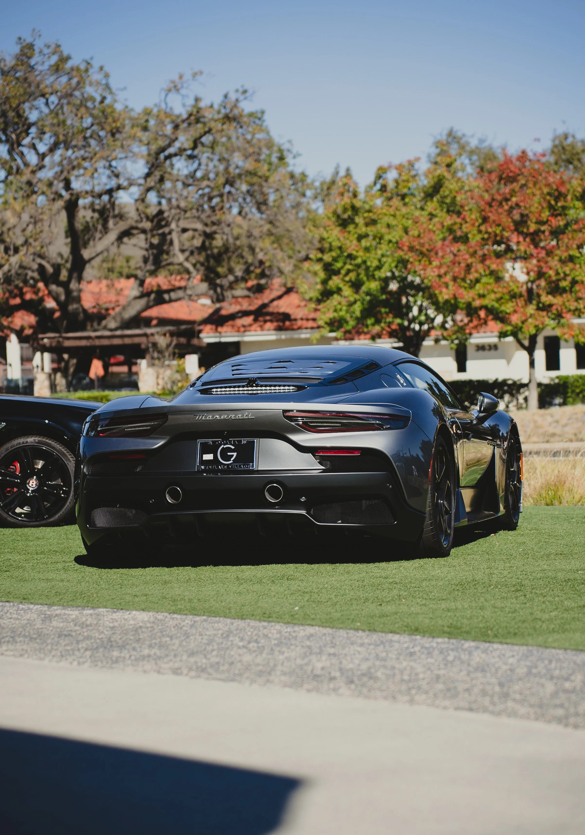 Black Maserati sports car parked on a grassy area with trees and houses in the background.