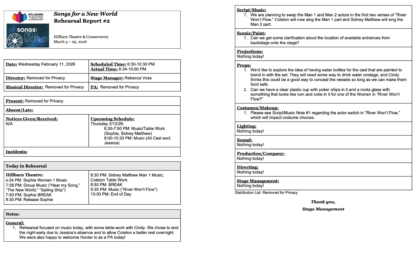 Rehearsal Report - SONGS FOR A NEW WORLD (Hillbarn Theatre)