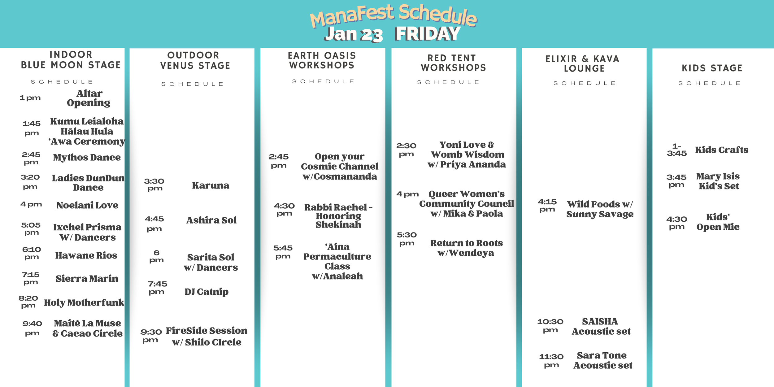 Schedule for ManaFest on January 23, Friday, showing various workshops and performances across multiple stages including Indoor Blue Moon Stage, Outdoor Venus Stage, Earth Oasis Workshops, Red Tent Workshops, Elixir & Kava Lounge, and Kids Stage, with times and activity names listed.