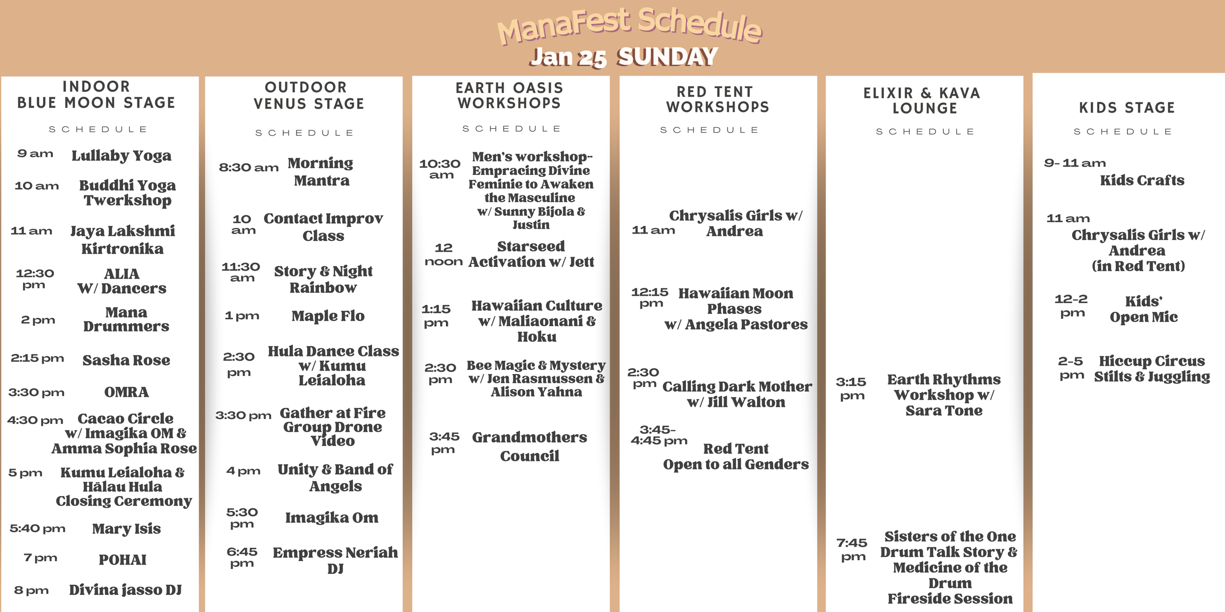 Schedule for ManaFest on January 25th with various activities listed across multiple stages, including yoga, workshops, performances, and family activities.