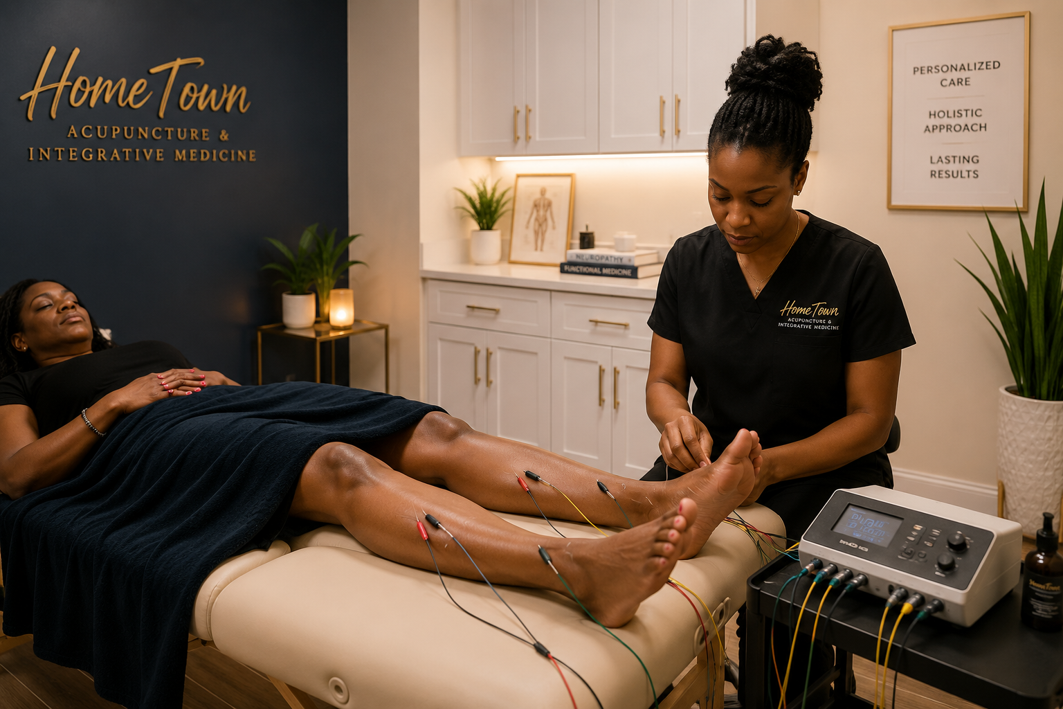 Patient receiving electroacupuncture treatment for peripheral neuropathy at HomeTown Acupuncture & Integrative Medicine