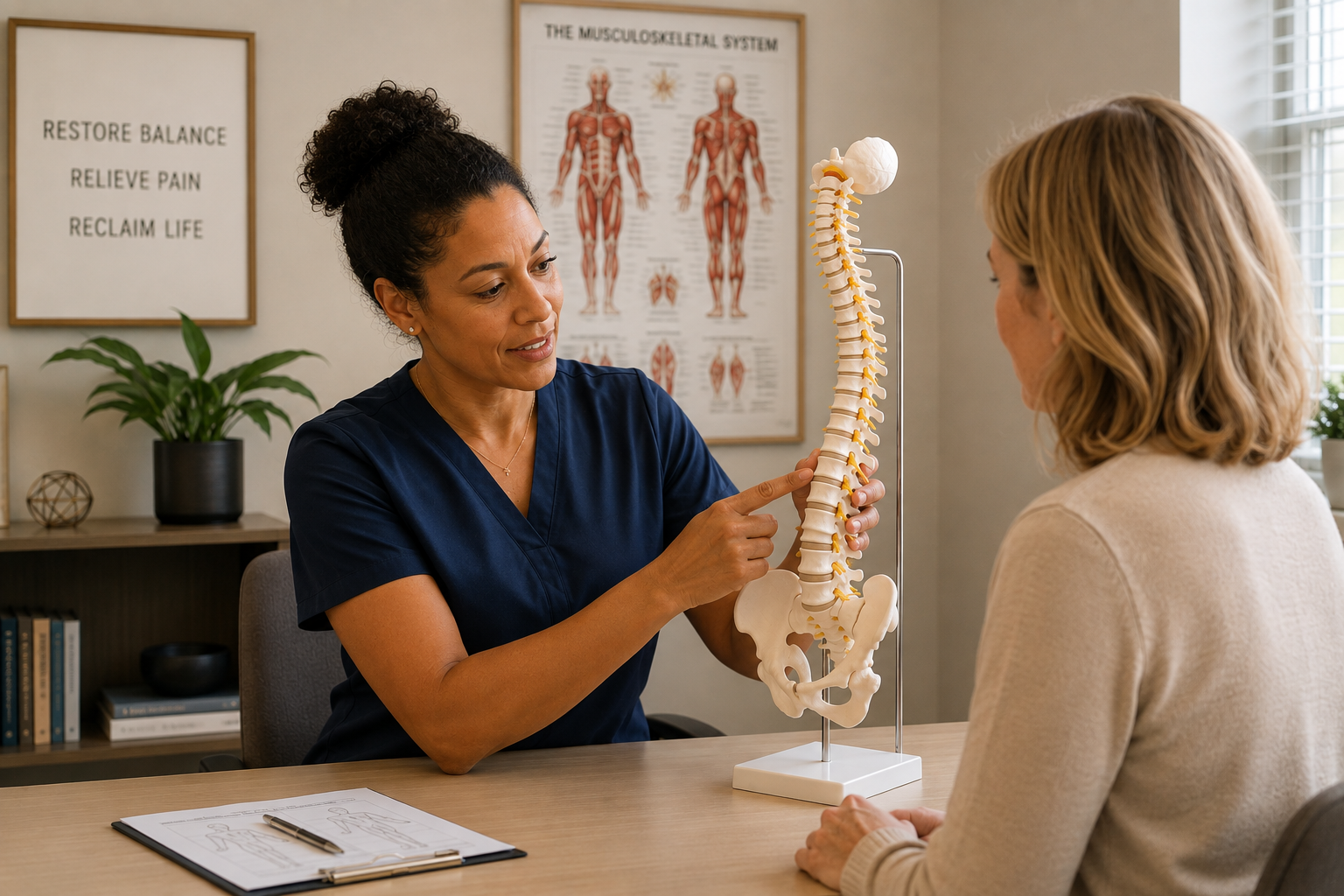 Practitioner explaining the spine to a patient during a pain consultation