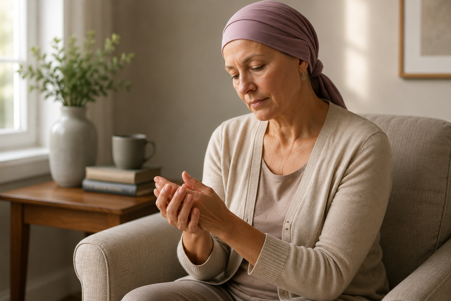 Woman experiencing hand discomfort associated with chemotherapy-induced peripheral neuropathy