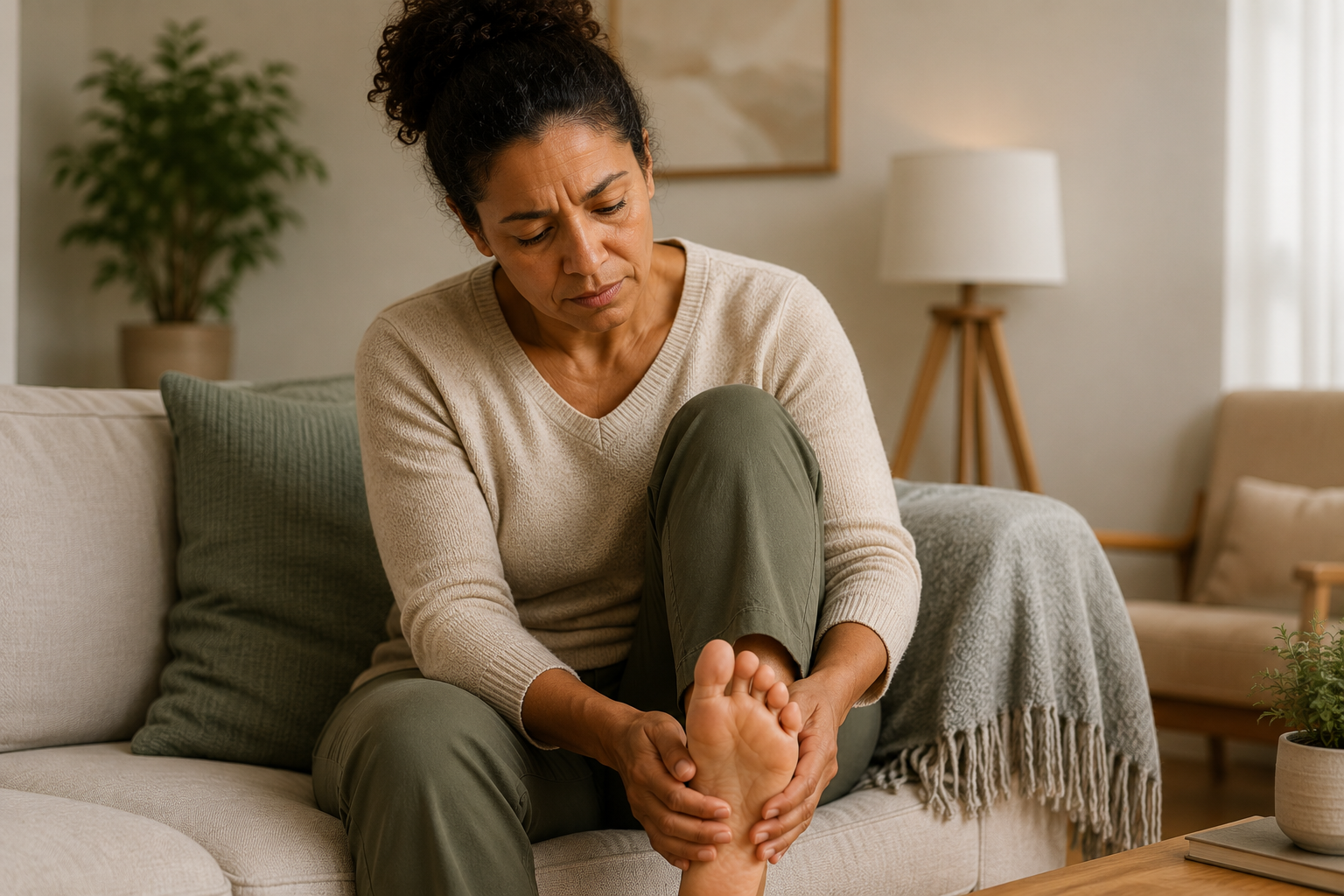 Woman experiencing unexplained foot discomfort associated with idiopathic peripheral neuropathy
