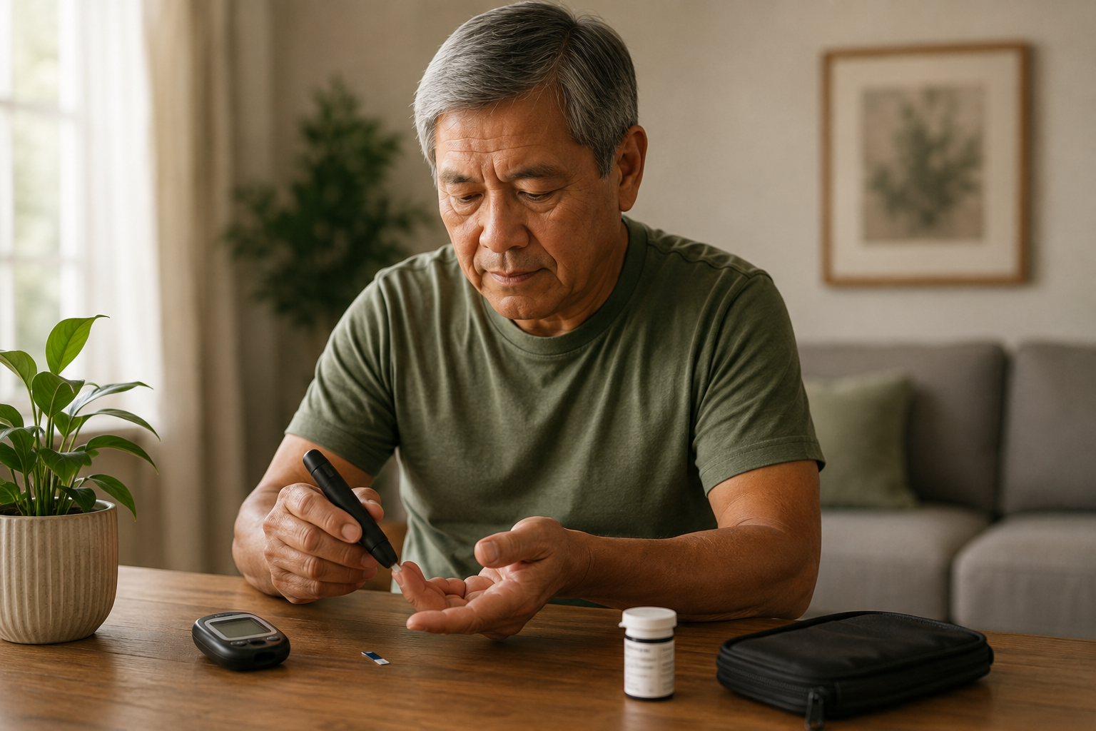 Man checking his blood sugar at home, representing diabetes associated with peripheral neuropathy