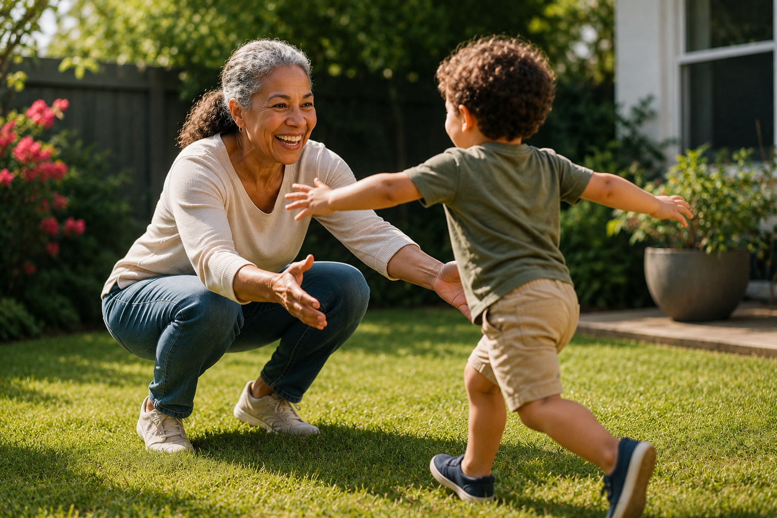 Grandmother comfortably crouching to play with her grandchild outdoors