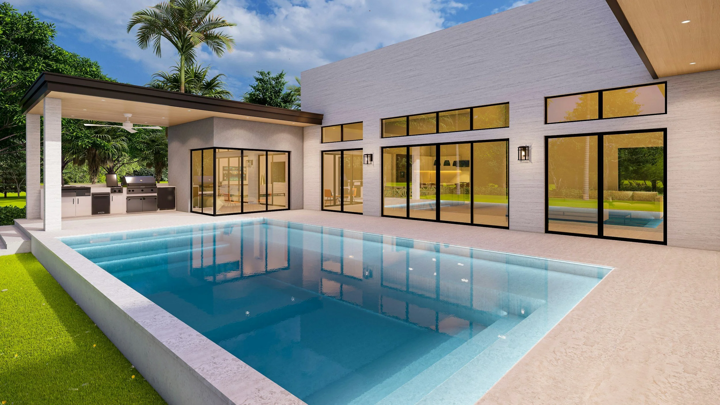 Modern house with a swimming pool in a backyard, surrounded by greenery and trees, with large glass doors and windows, outdoor kitchen with grills, and a covered patio area.