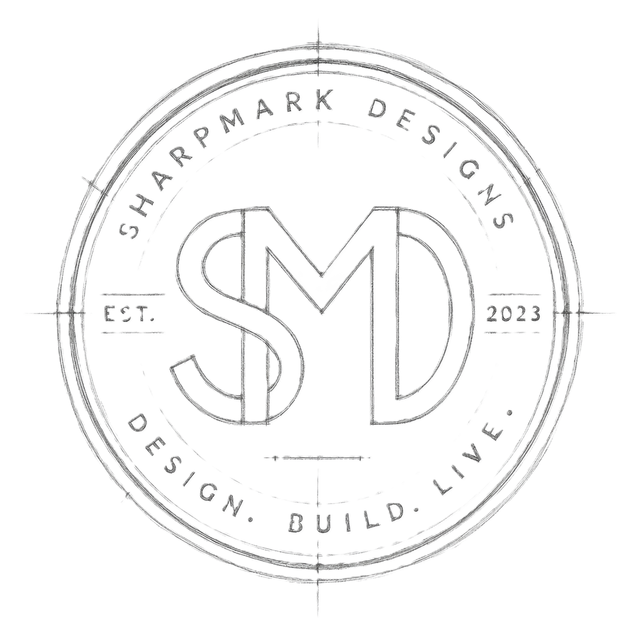 A circular logo with the initials SMD in the center, surrounded by the words 'Share Mark Design' at the top and 'Design. Build. Live.' at the bottom. The logo includes the establishment year 2023 and decorative lines and dots.