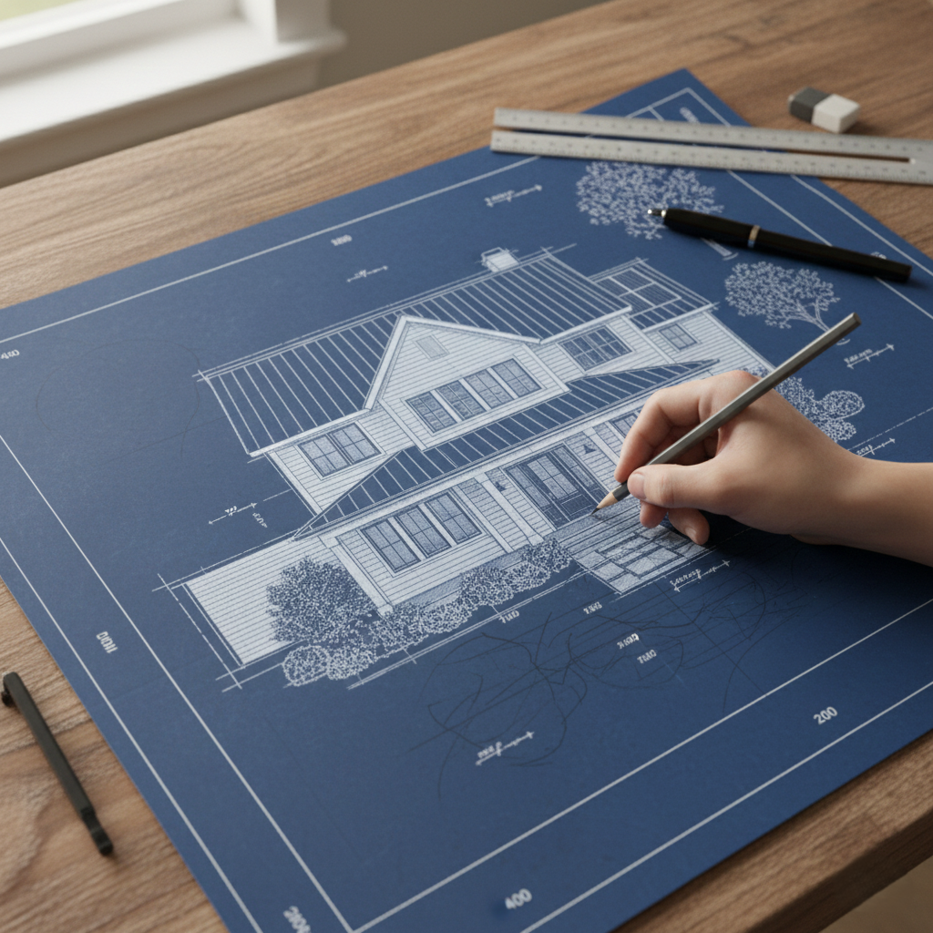 Architect working on a blueprint of a house on a wooden table.