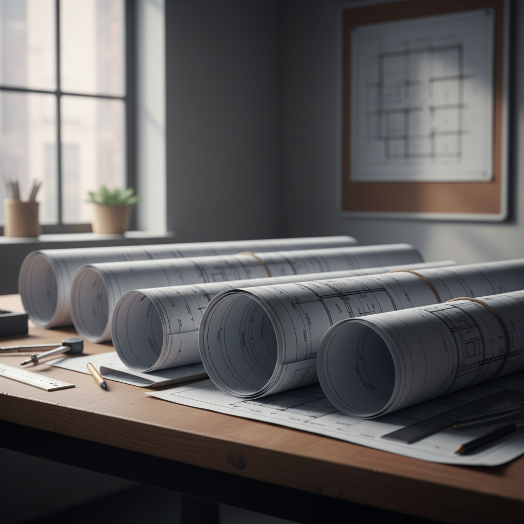 Architectural blueprints and rolled-up drawings on a wooden desk, with tools and a ruler, in a room with a window and potted plants.