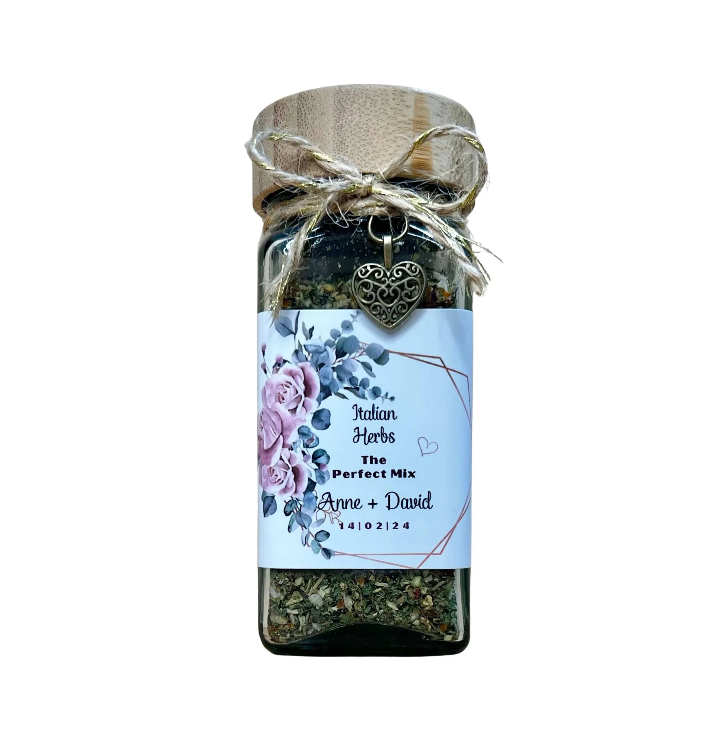Square glass herb jar with bamboo lid twine and heart charm rustic wedding favour Brisbane