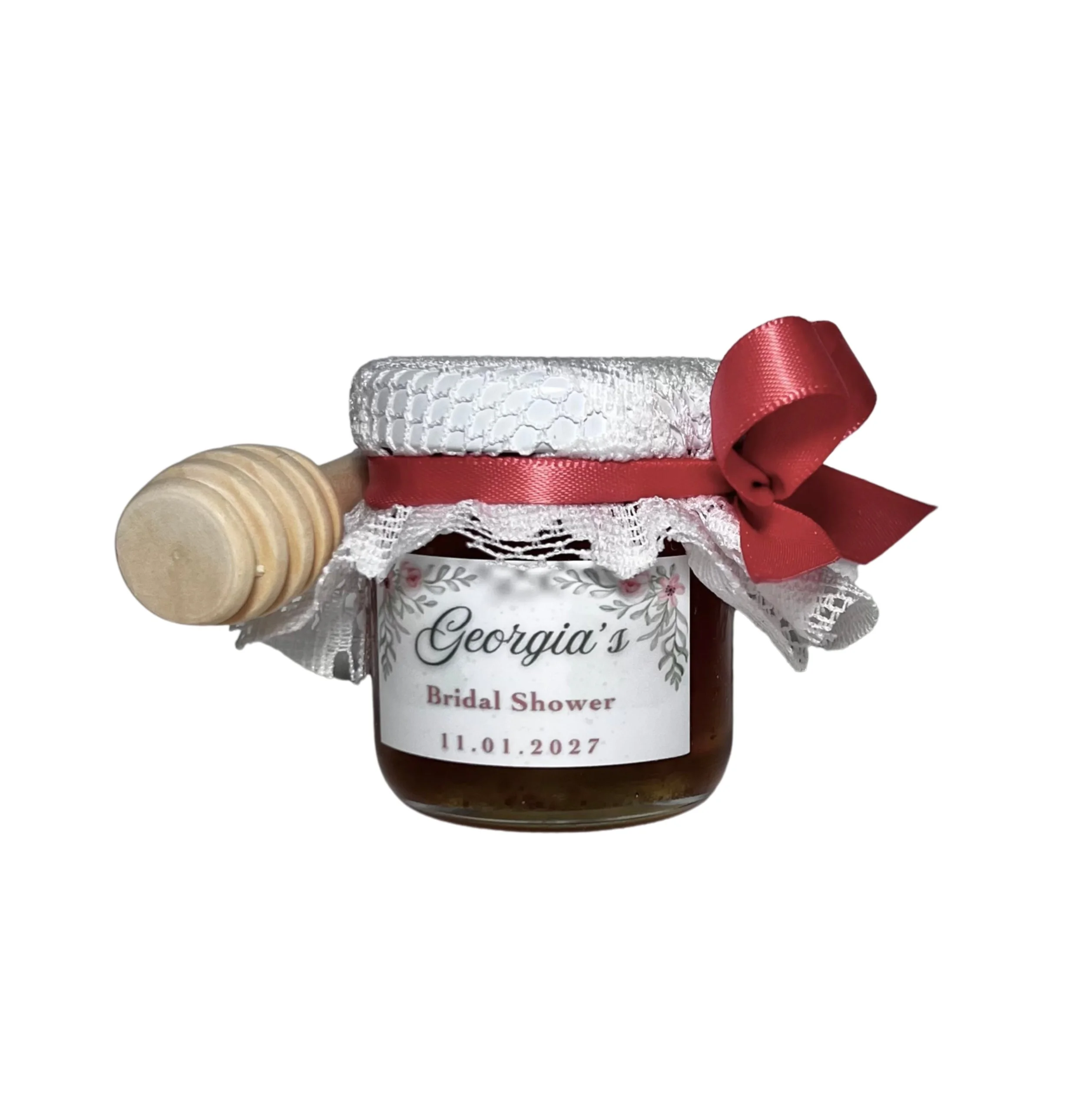 Mini honey jar 50gr with  lace cover and wooden dipper rustic wedding favour Brisbane and Australia wide