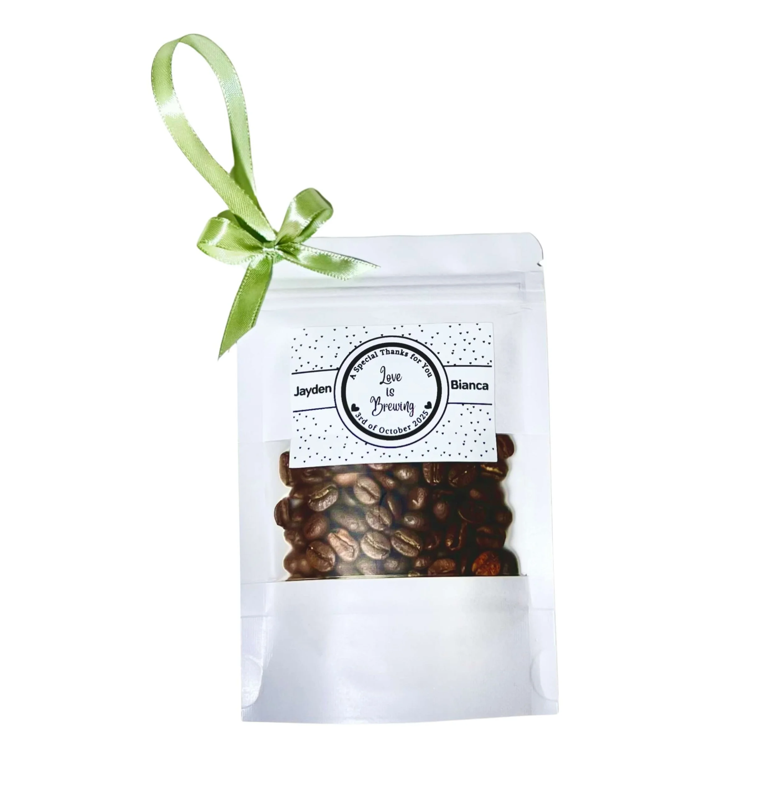 Coffee bags with ribbon bow and personalized labels, unique wedding and event favours by Favours By Luna