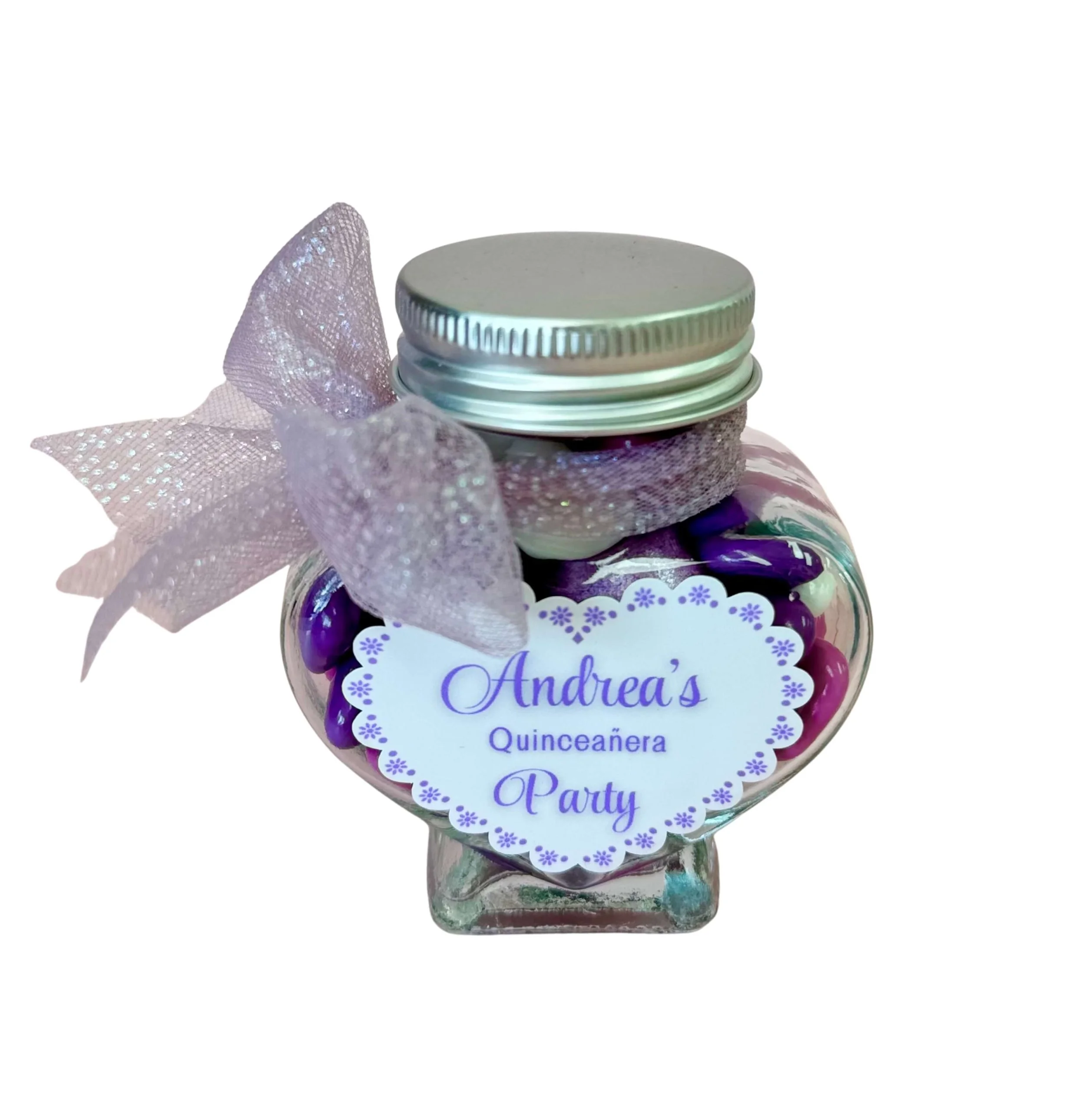 Heart chocolate jar with custom label and ribbon elegant wedding gift