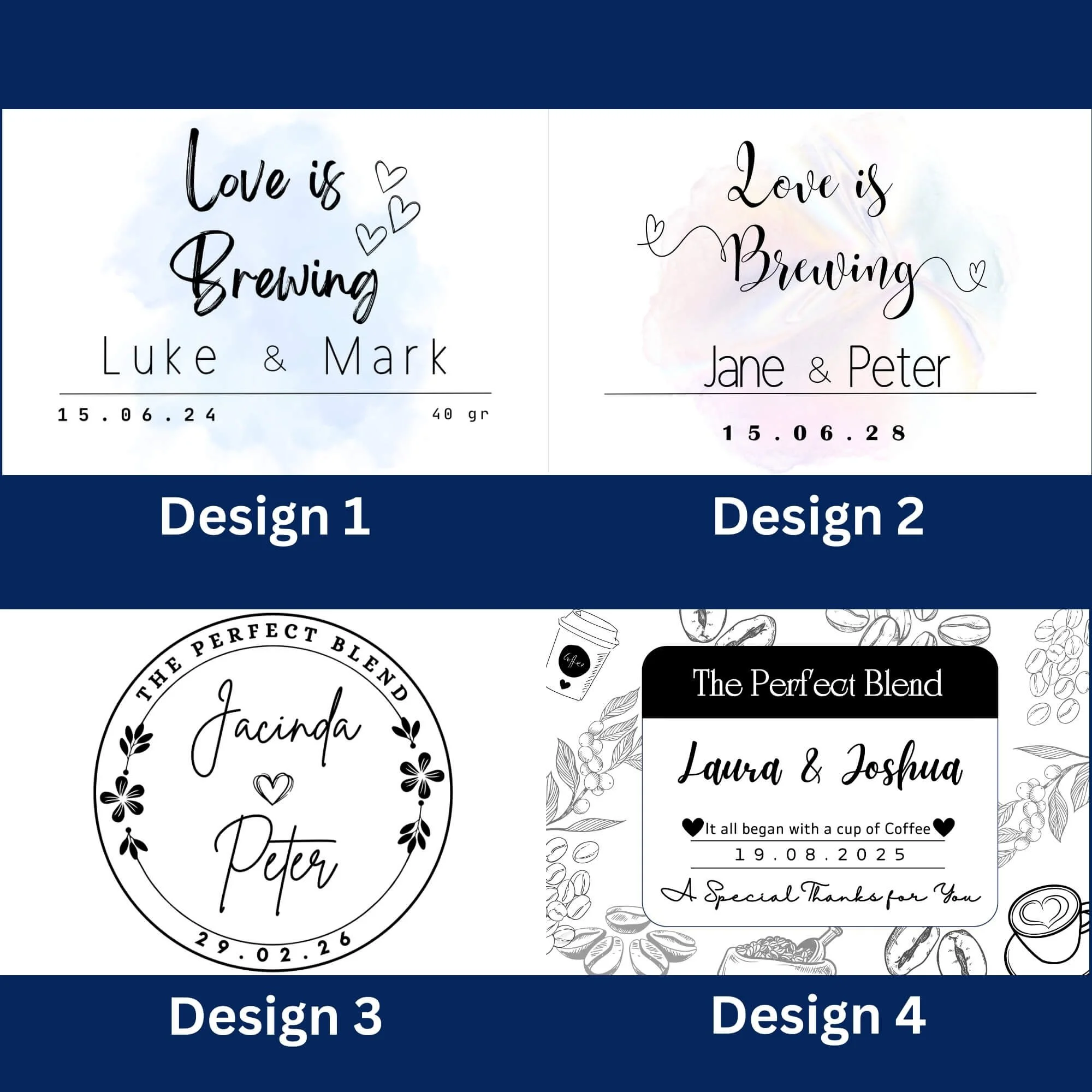 Personalised coffee favours for weddings and events By Luna Australia