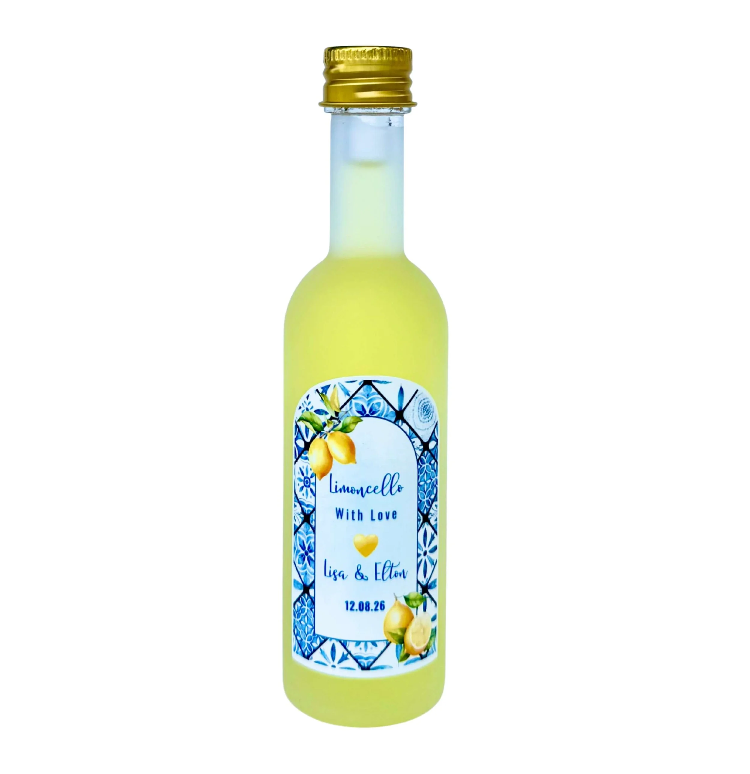 Personalised limoncello frosted glass bottle 50ml with custom label, Italian wedding and event favour by Favours By Luna
