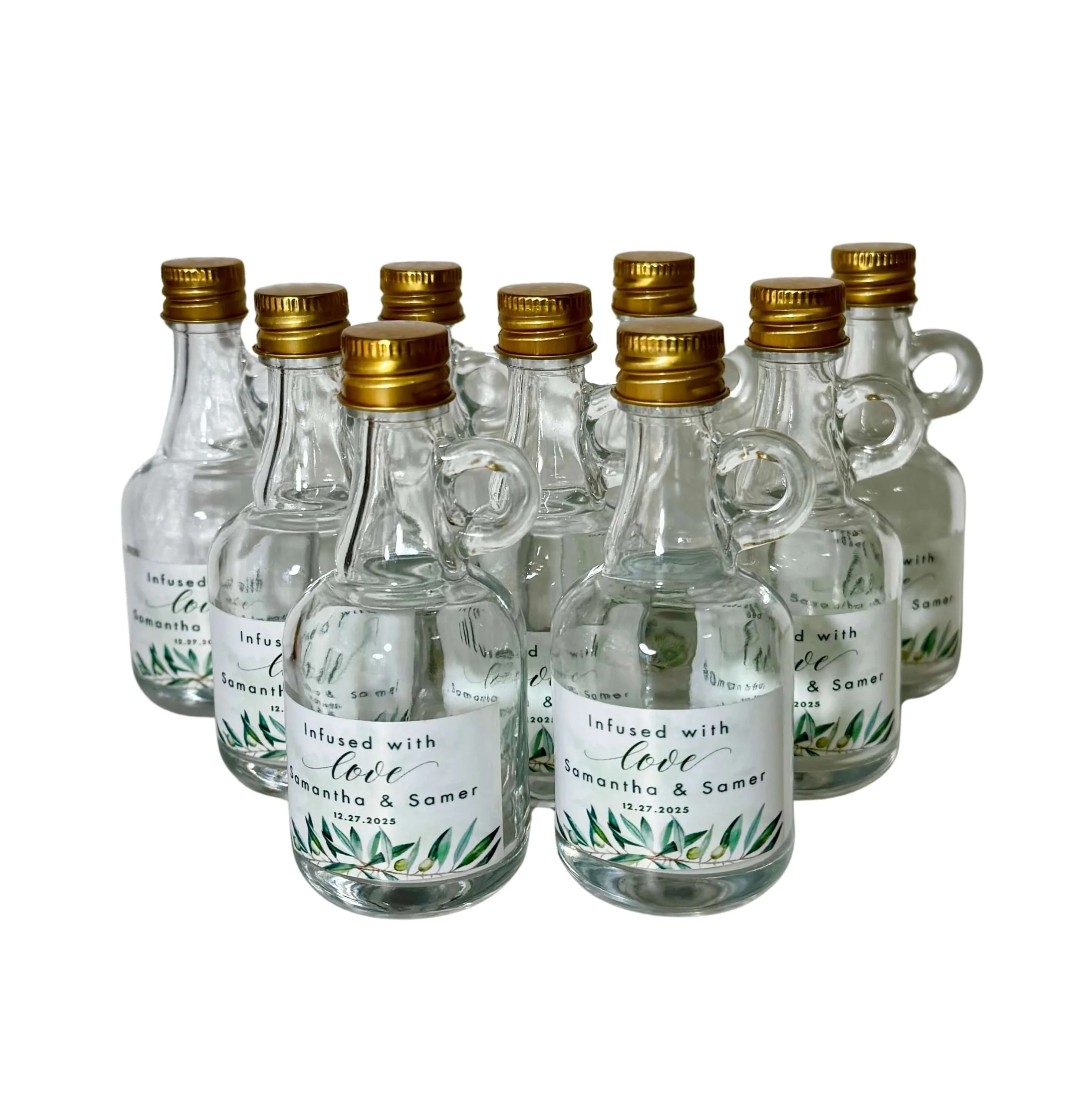 Mini olive oil glass bottle 50ml with handle and custom wedding label By Luna Brisbane