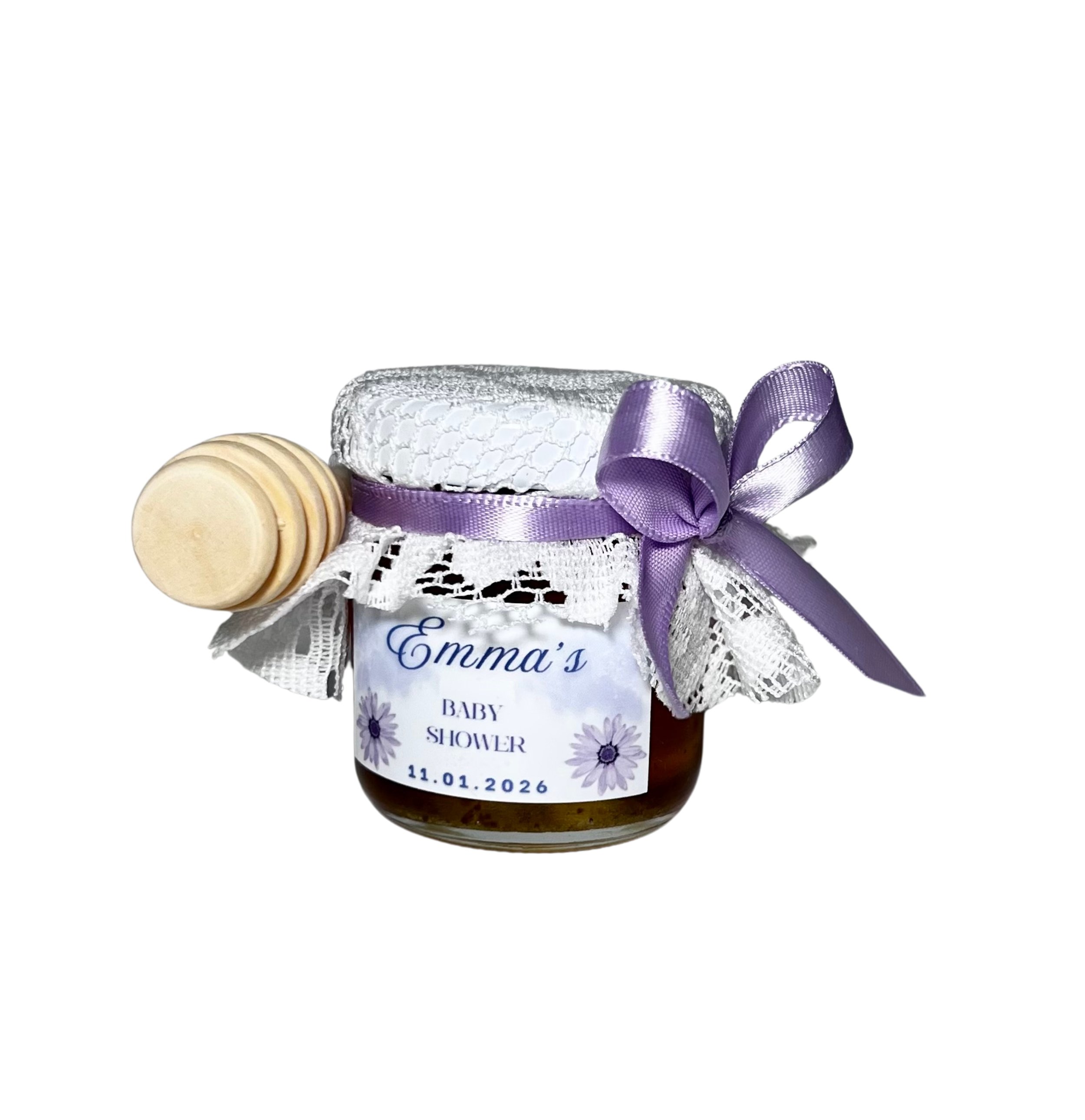 Mini honey jar 50gr with  delicate lace cover and wooden dipper rustic wedding favour Brisbane and Australia wide