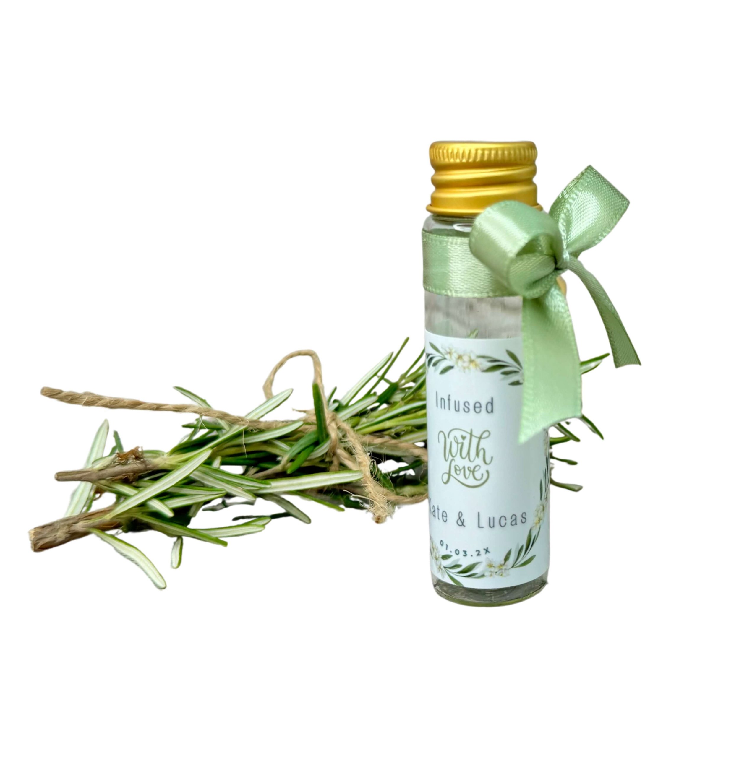 Personalised olive oil bonbonniere 20ml glass tube wedding favour By Luna Australia