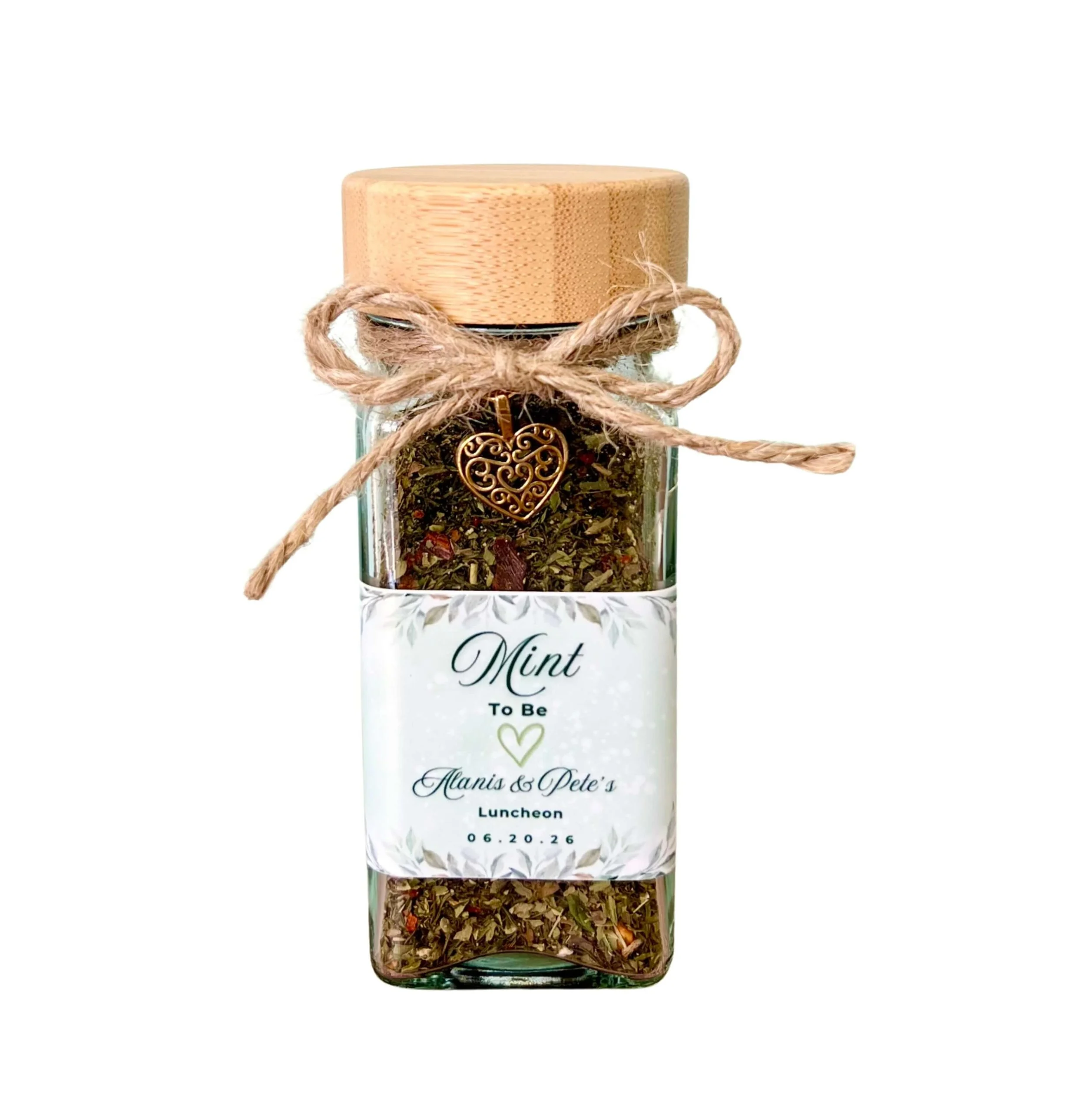 Square glass herb jar with bamboo lid twine and heart charm rustic wedding favour Brisbane