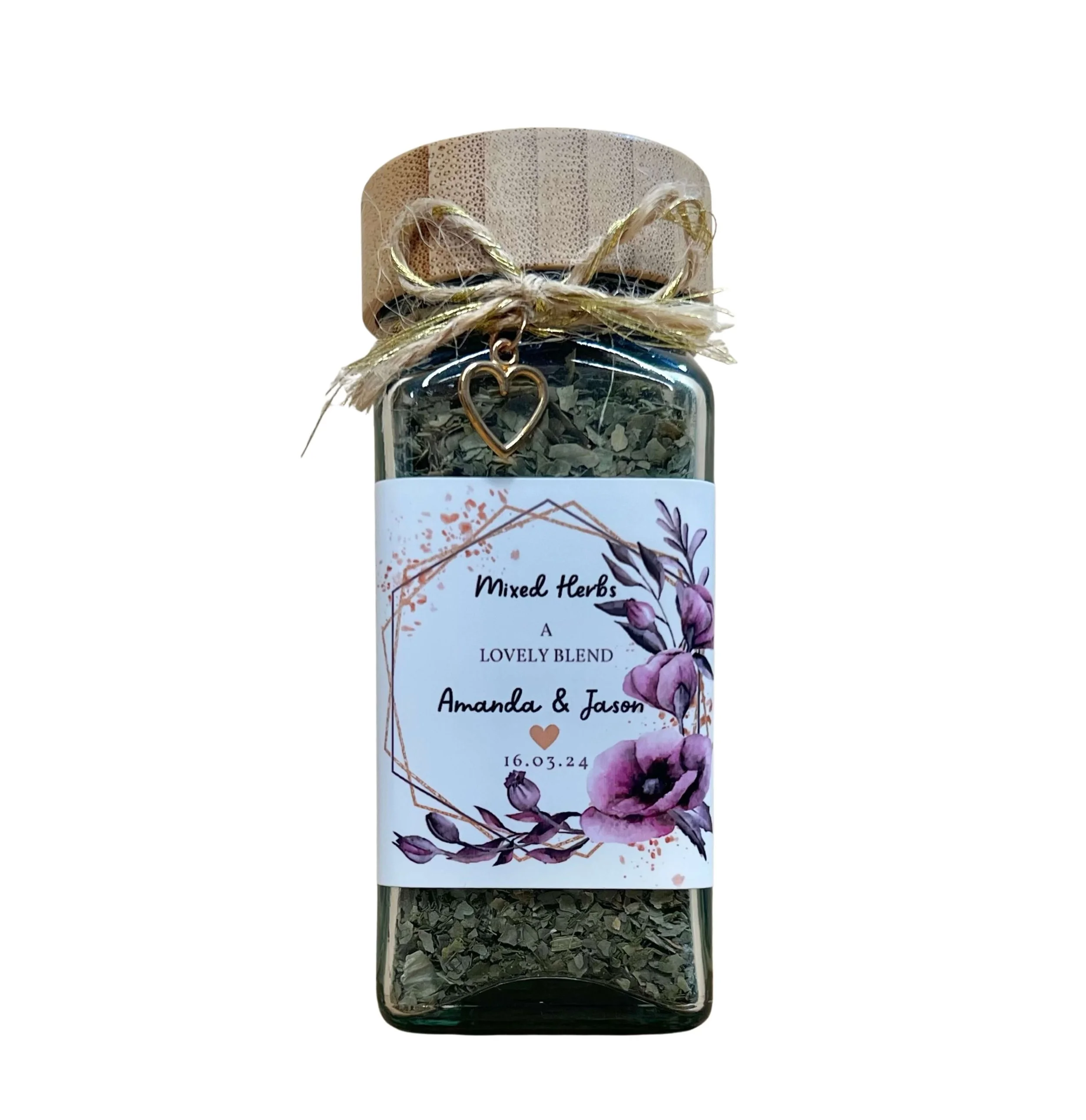 Square glass herb jar with bamboo lid twine and heart charm rustic wedding favour Brisbane