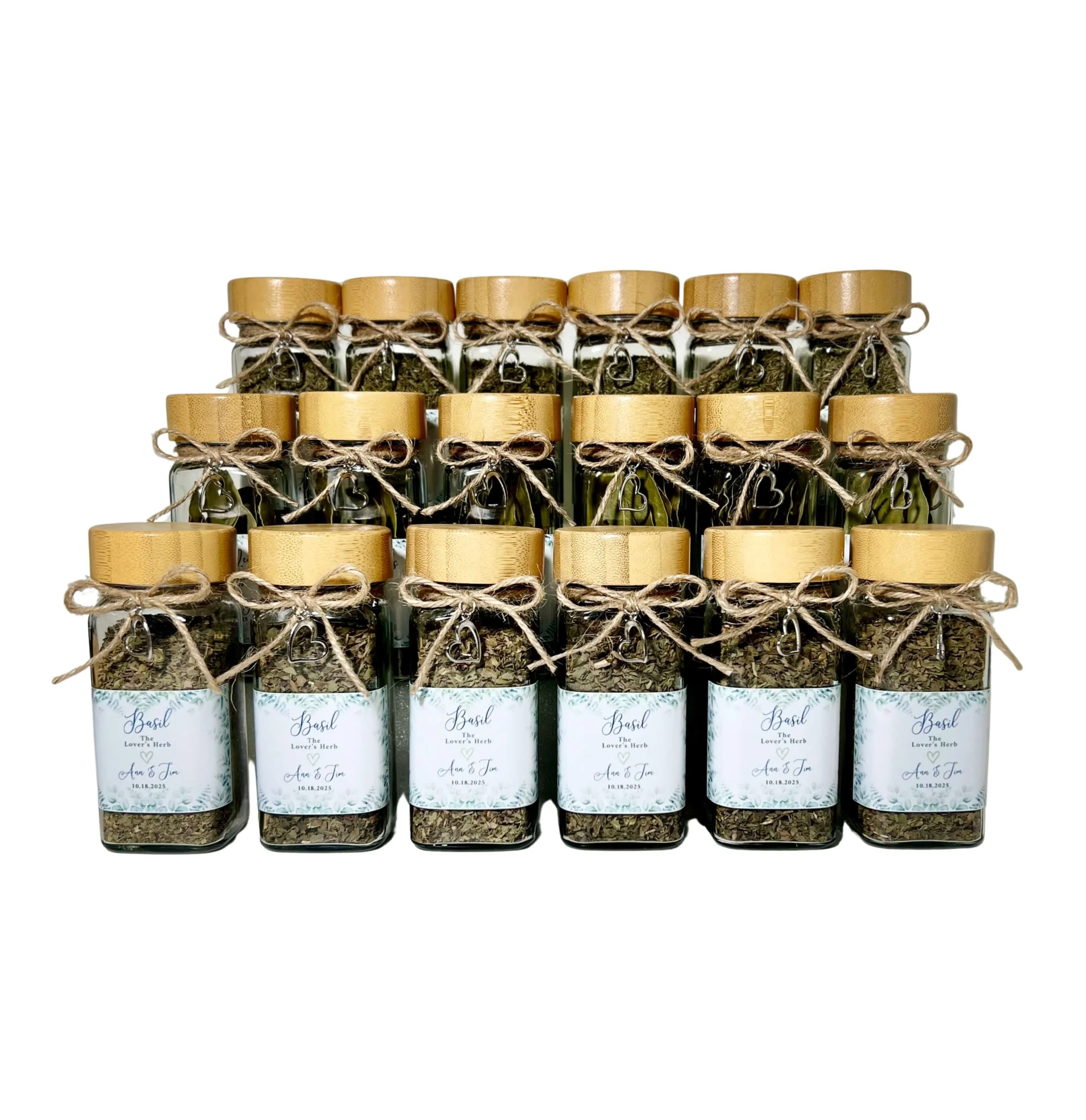 Square glass herb jar with bamboo lid twine and heart charm rustic wedding favour Brisbane