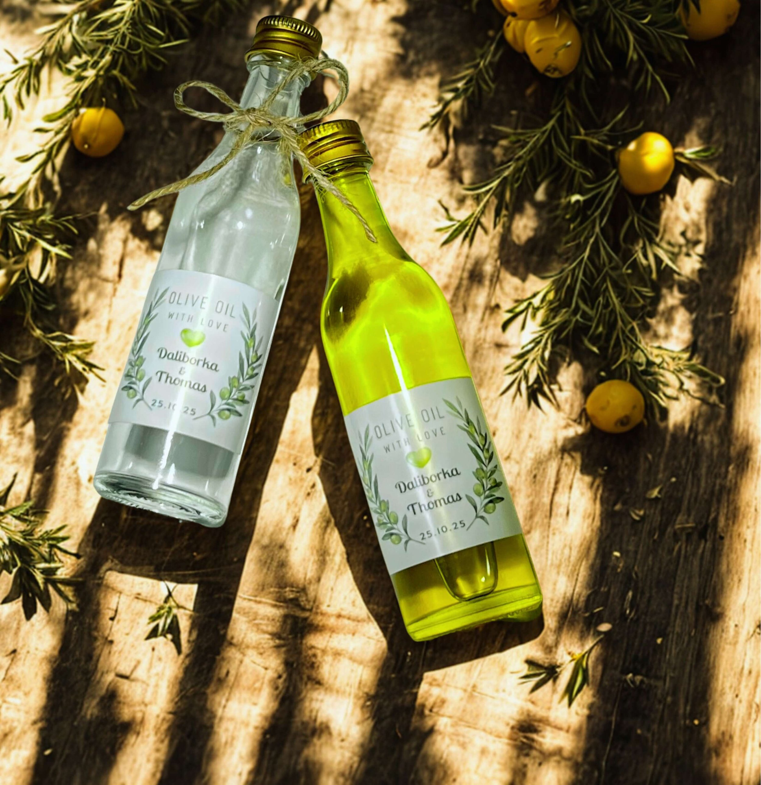 Olive Oil Clear Glass Mini Bottle 50ml - Mediterranean Wedding and Event Favours Australia