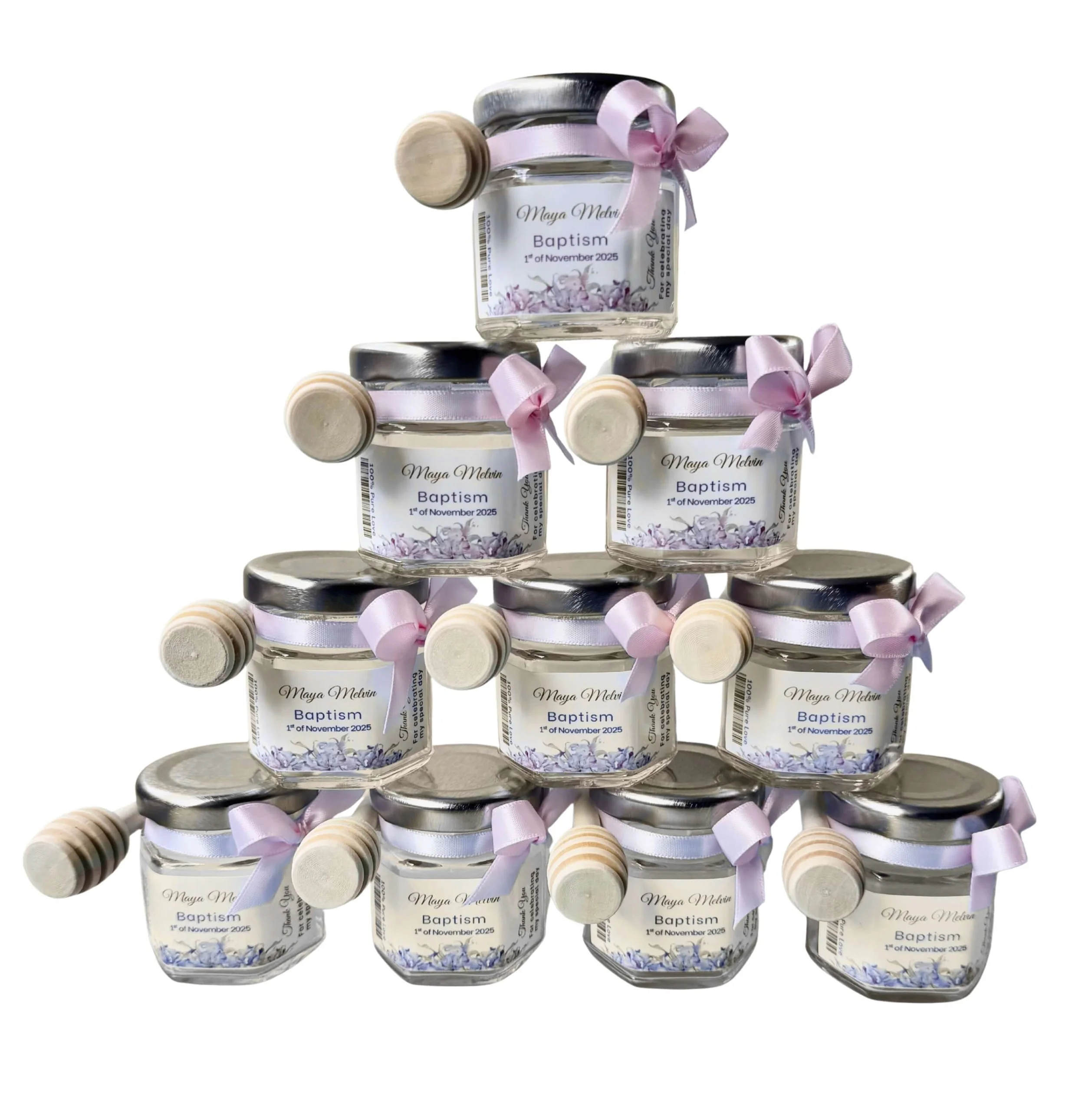 50gr mini honey jars for DIY wedding favours with custom labels and ribbon bow