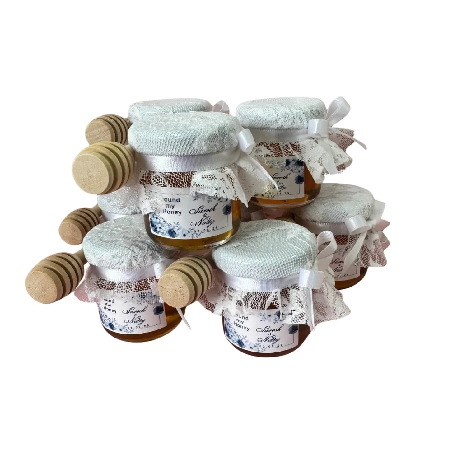 Mini honey jar 50gr with delicate lace cover and wooden dipper rustic wedding favour Brisbane and Australia wide