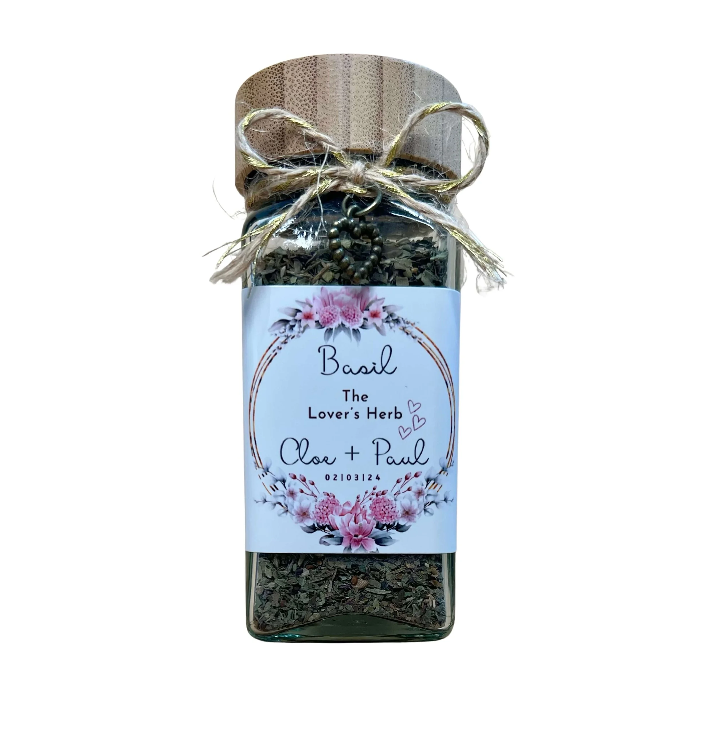 Square glass herb jar with bamboo lid twine and heart charm rustic wedding favour Brisbane