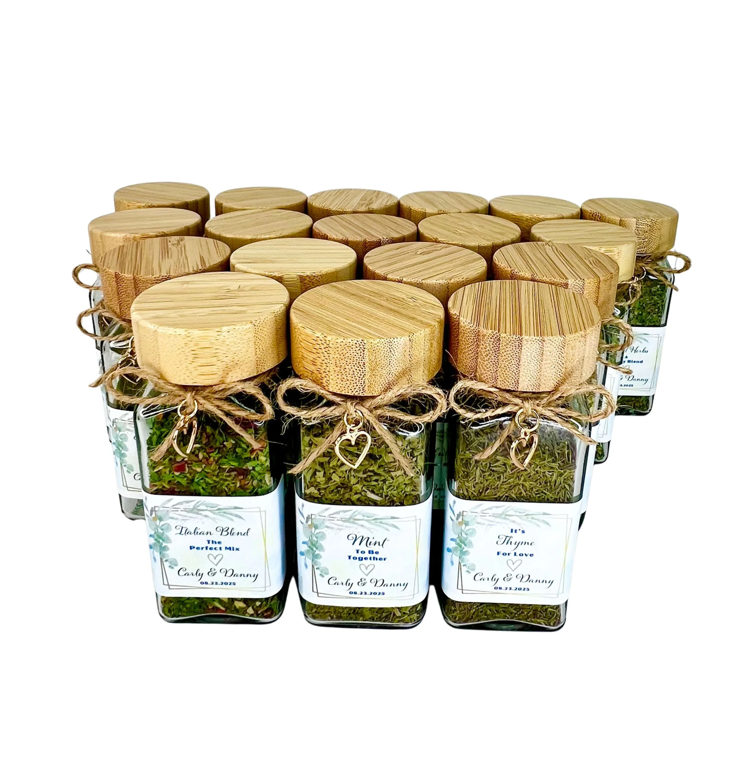 Square glass herb jar with bamboo lid twine and heart charm rustic wedding favour Brisbane