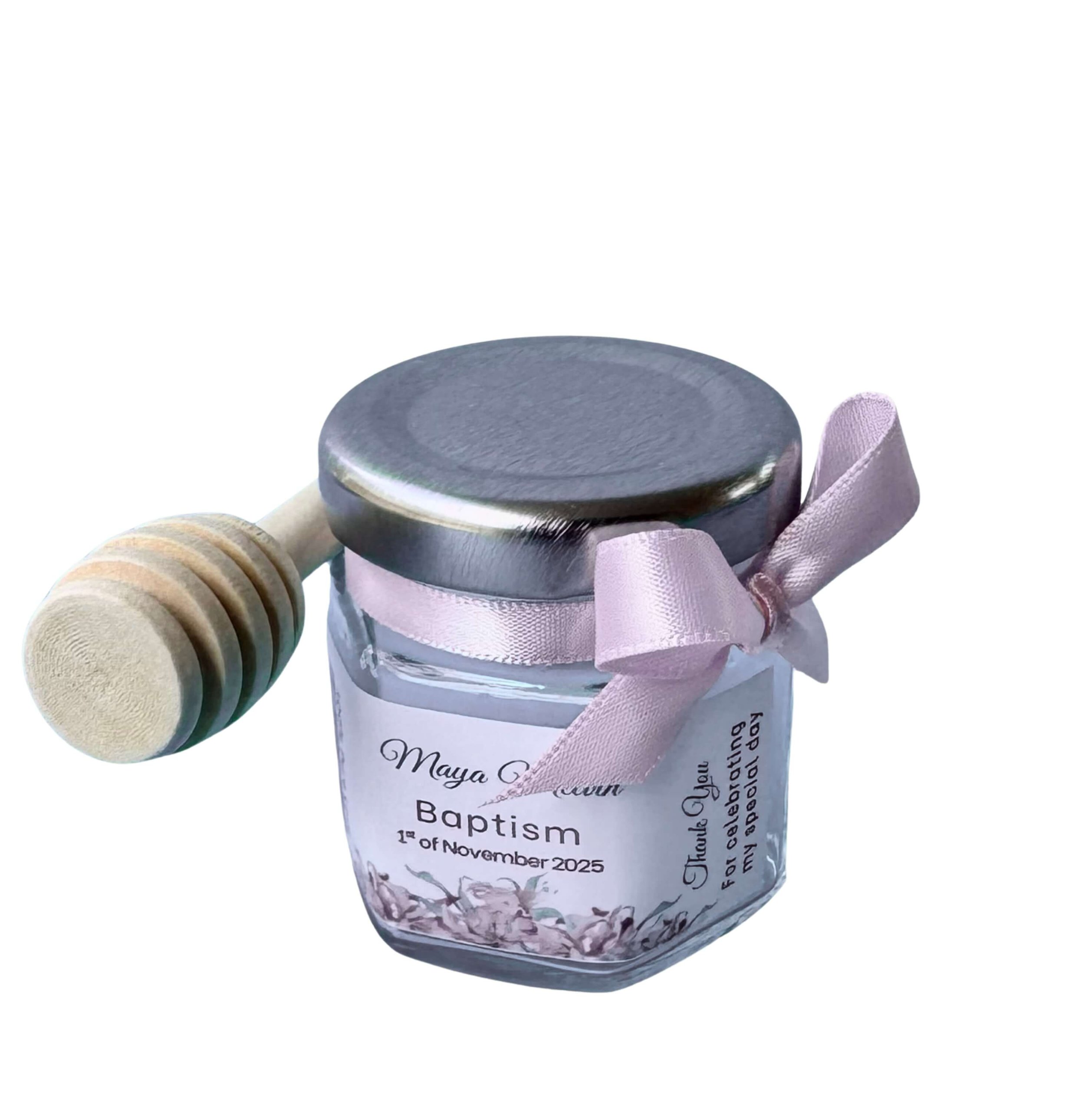 50gr mini honey jars for DIY wedding favours with custom labels and ribbon bow