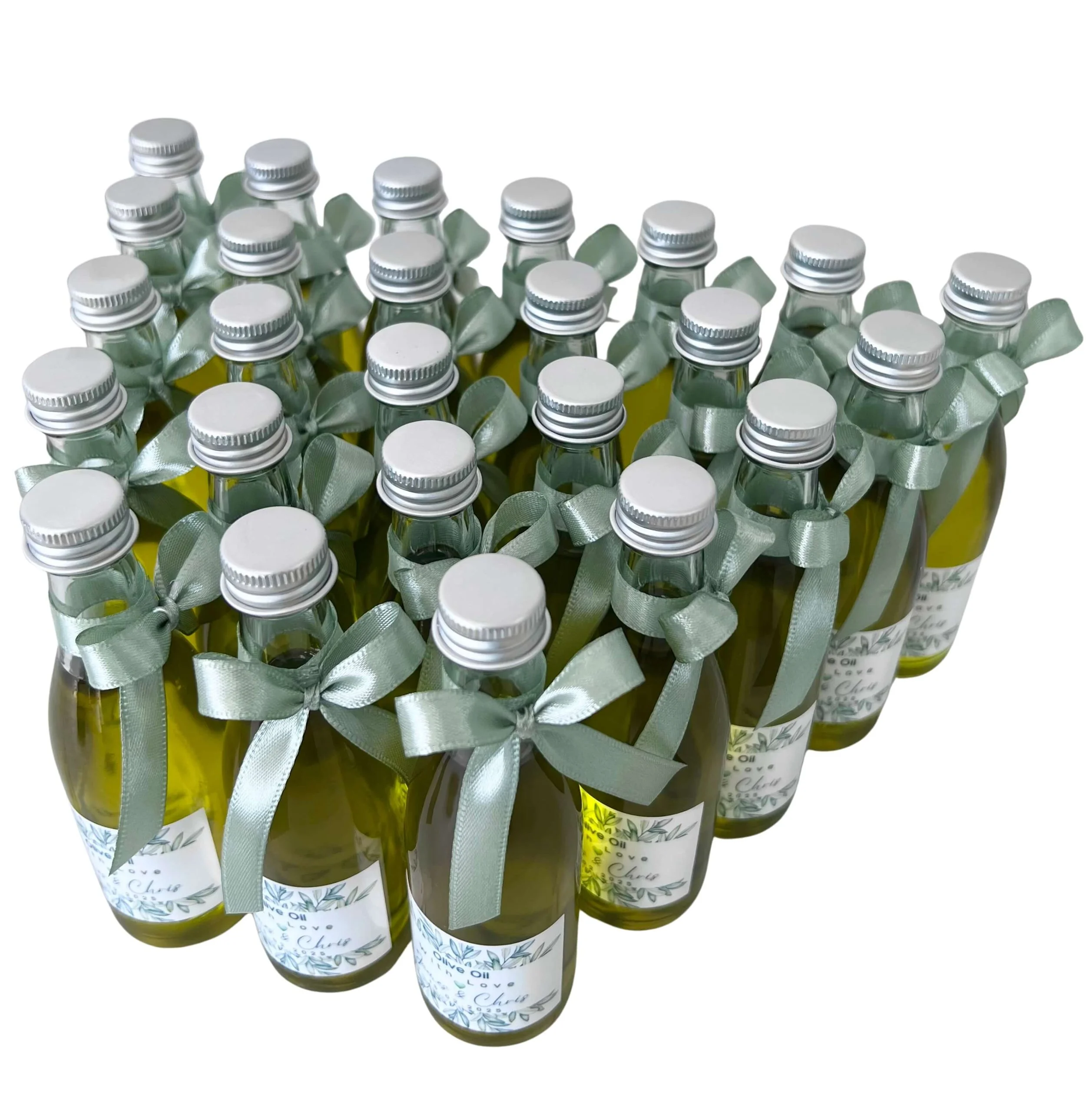 Olive oil clear glass mini bottle 50ml with green ribbon, Mediterranean wedding and event favour Australia by Favours By Luna