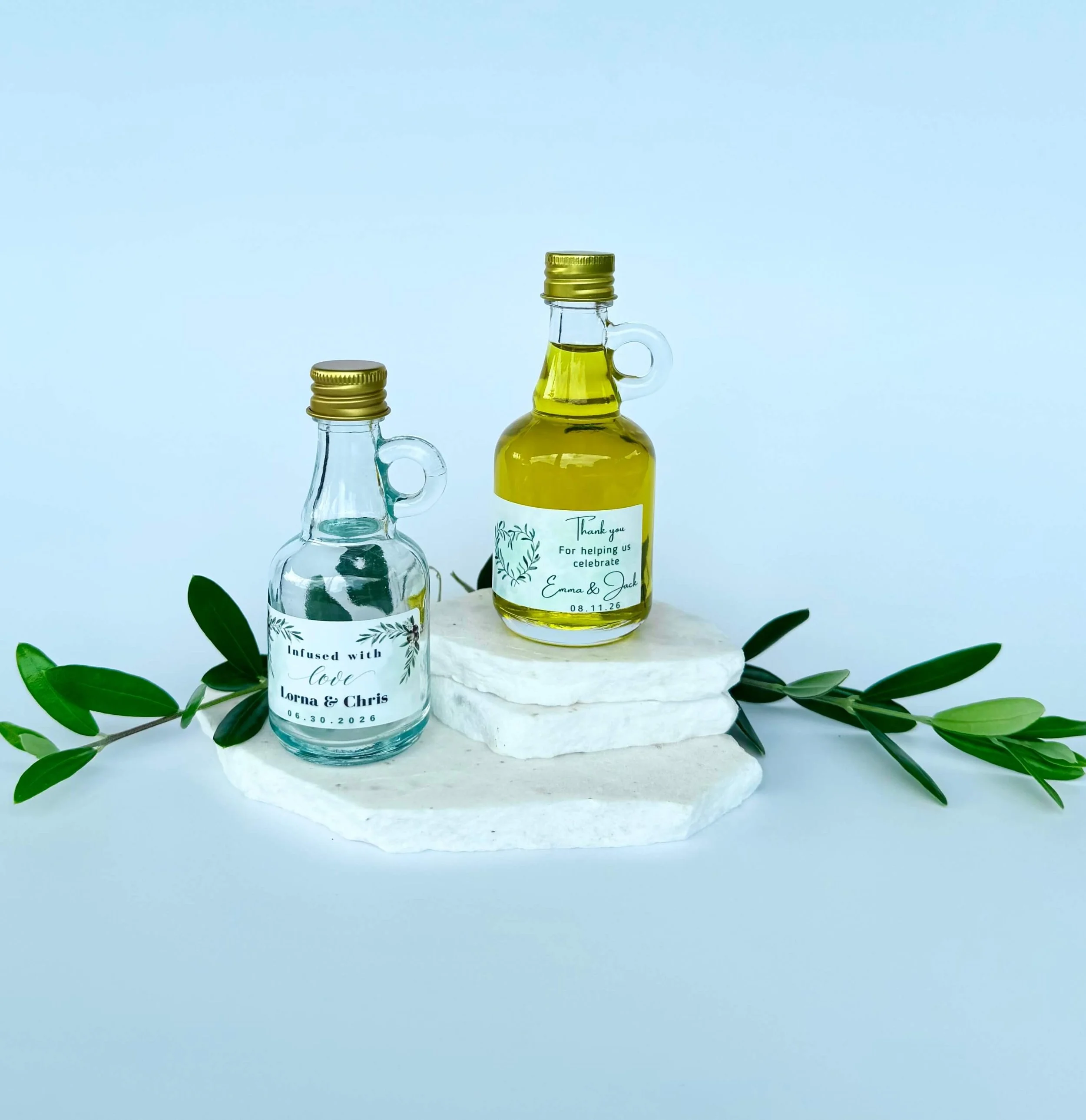 Mini olive oil glass bottle 50ml with handle and custom wedding label By Luna Brisbane