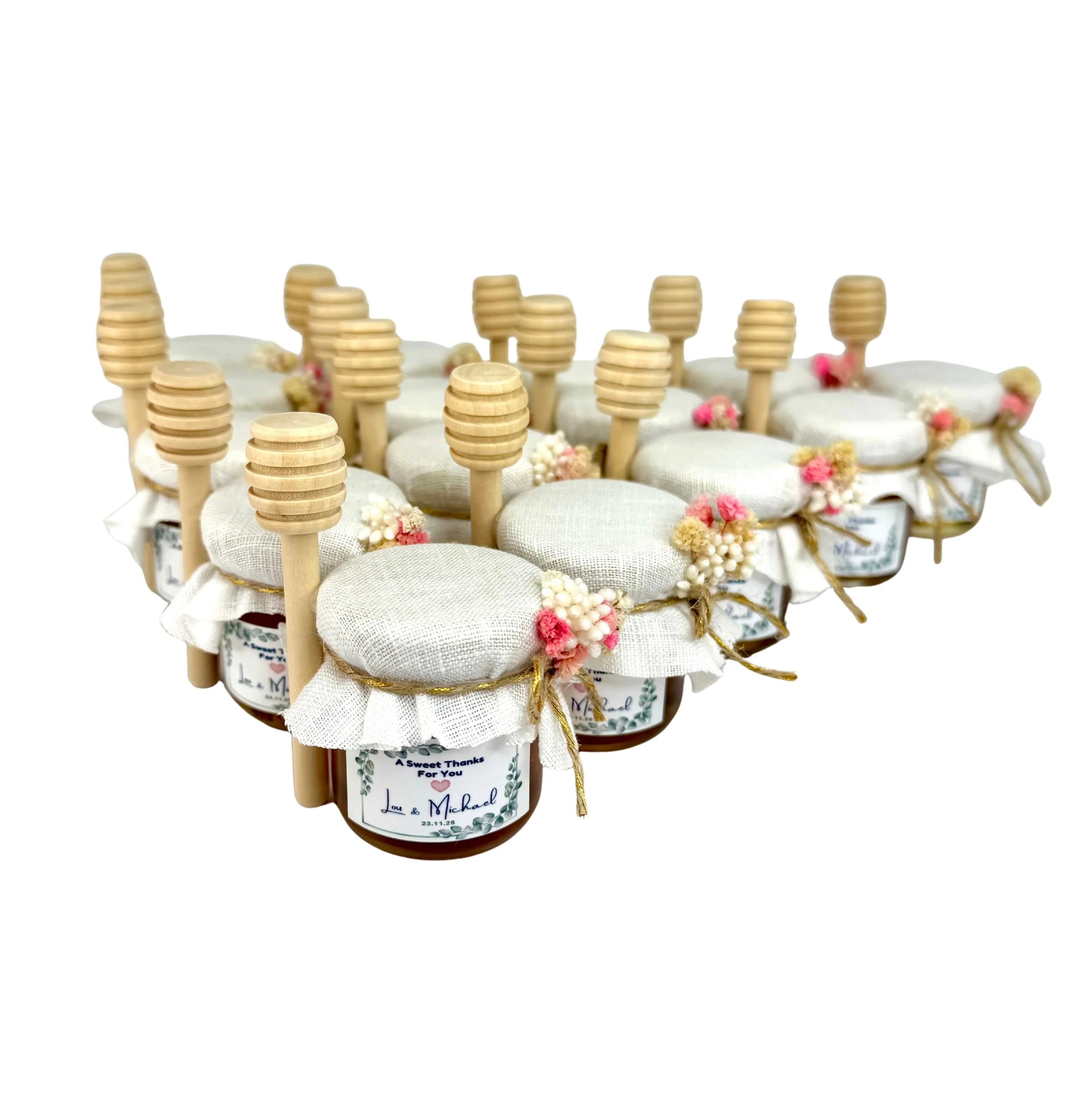 Mini honey jars with natural linen cover and wooden dipper, rustic wedding favour Brisbane