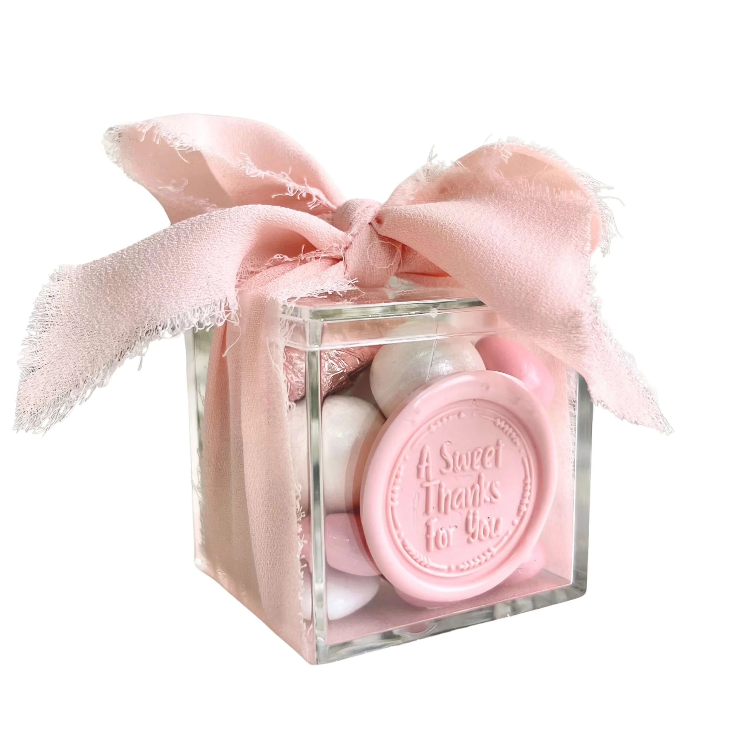 Clear chocolate box favours filled with assorted chocolates, elegant wedding and event guest gift by Favours By Luna