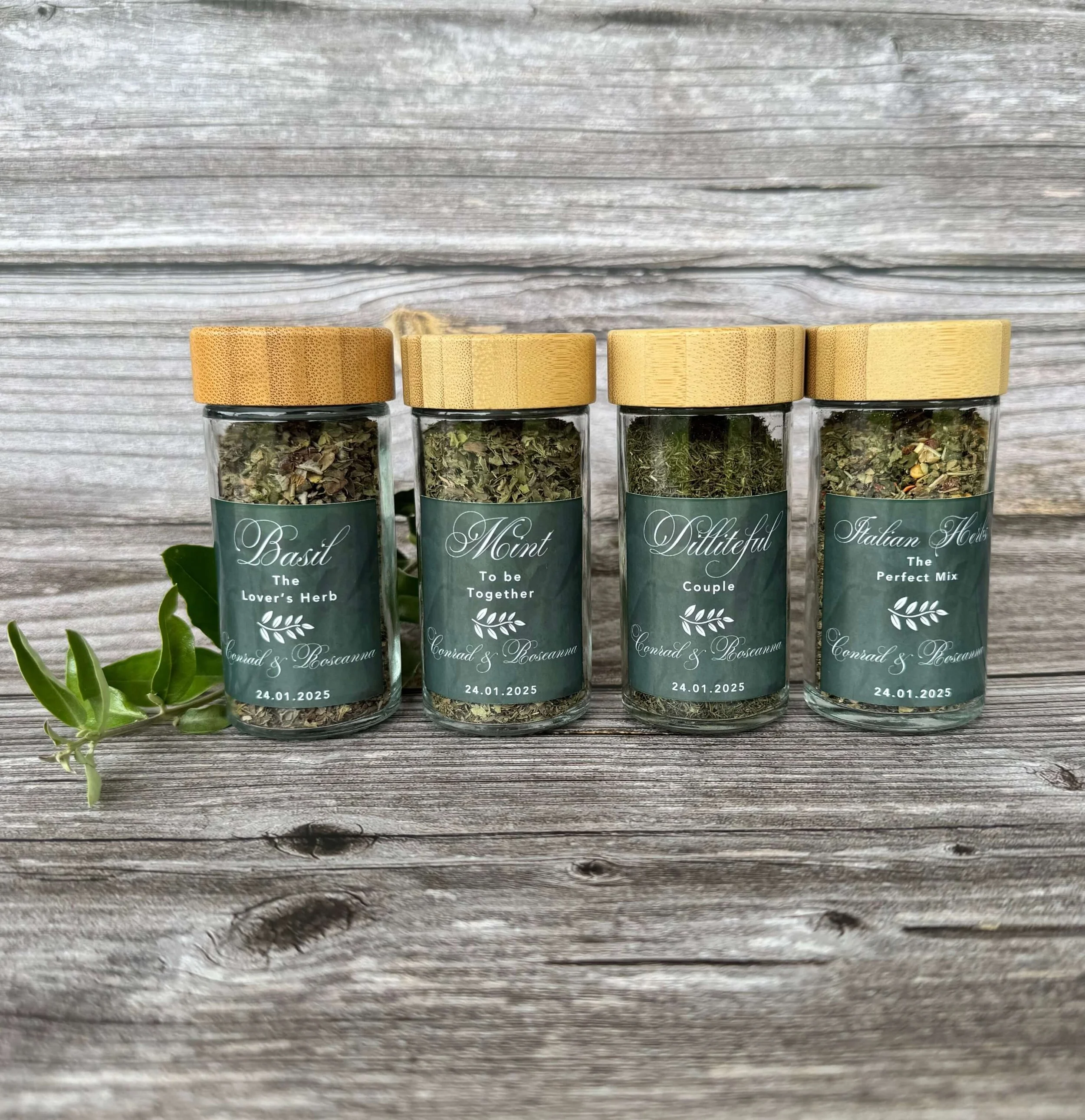 Glass herb jar with natural bamboo lid eco-friendly rustic wedding favour Brisbane