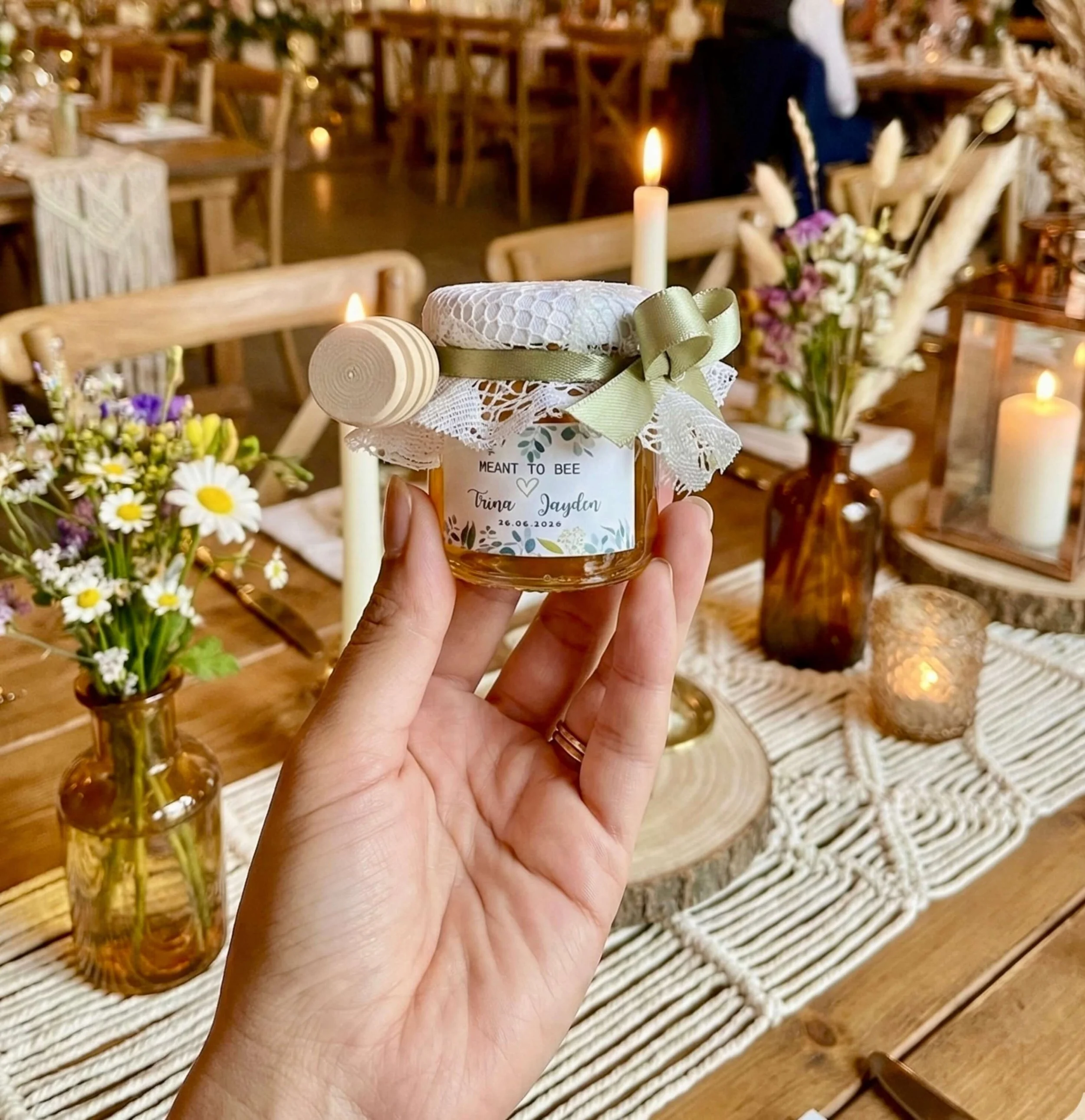 Mini honey jar 50gr with delicate lace cover and wooden dipper rustic wedding favour Brisbane and Australia wide