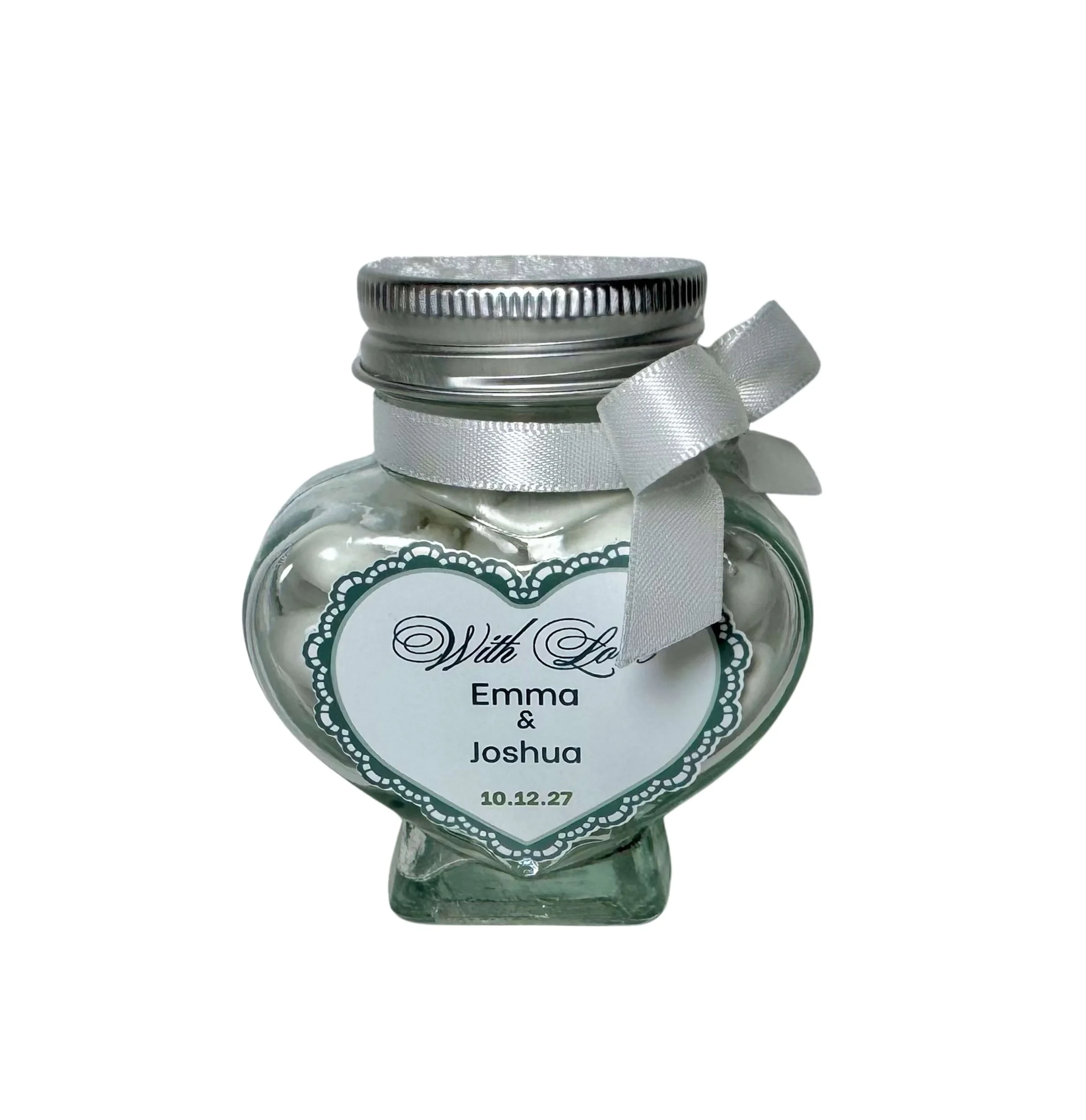Heart chocolate jar with custom label and ribbon elegant wedding and event guest gift