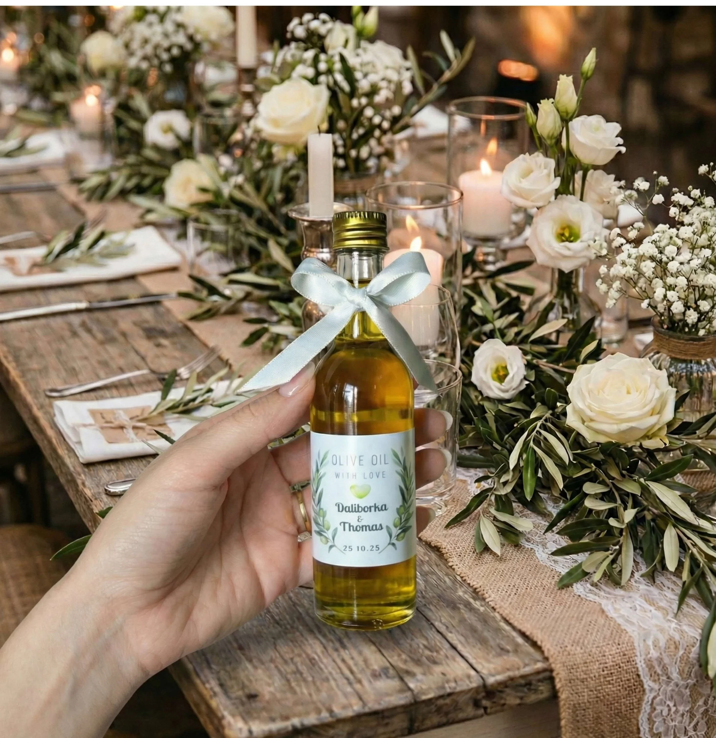Olive Oil Clear Glass Mini Bottle 50ml - Mediterranean Wedding and Event Favours Australia