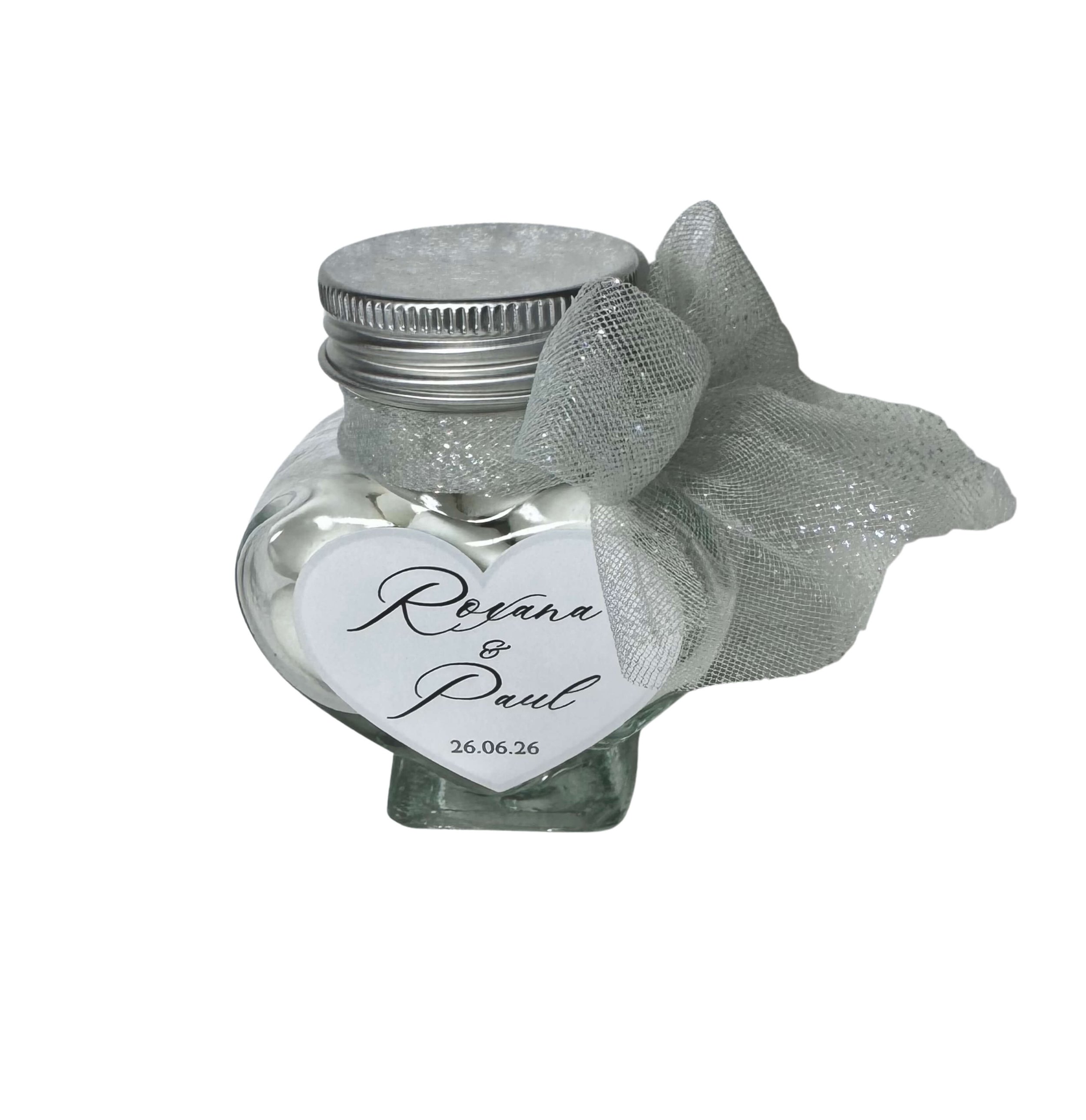 Heart chocolate jar with custom label and ribbon elegant wedding and event guest gift