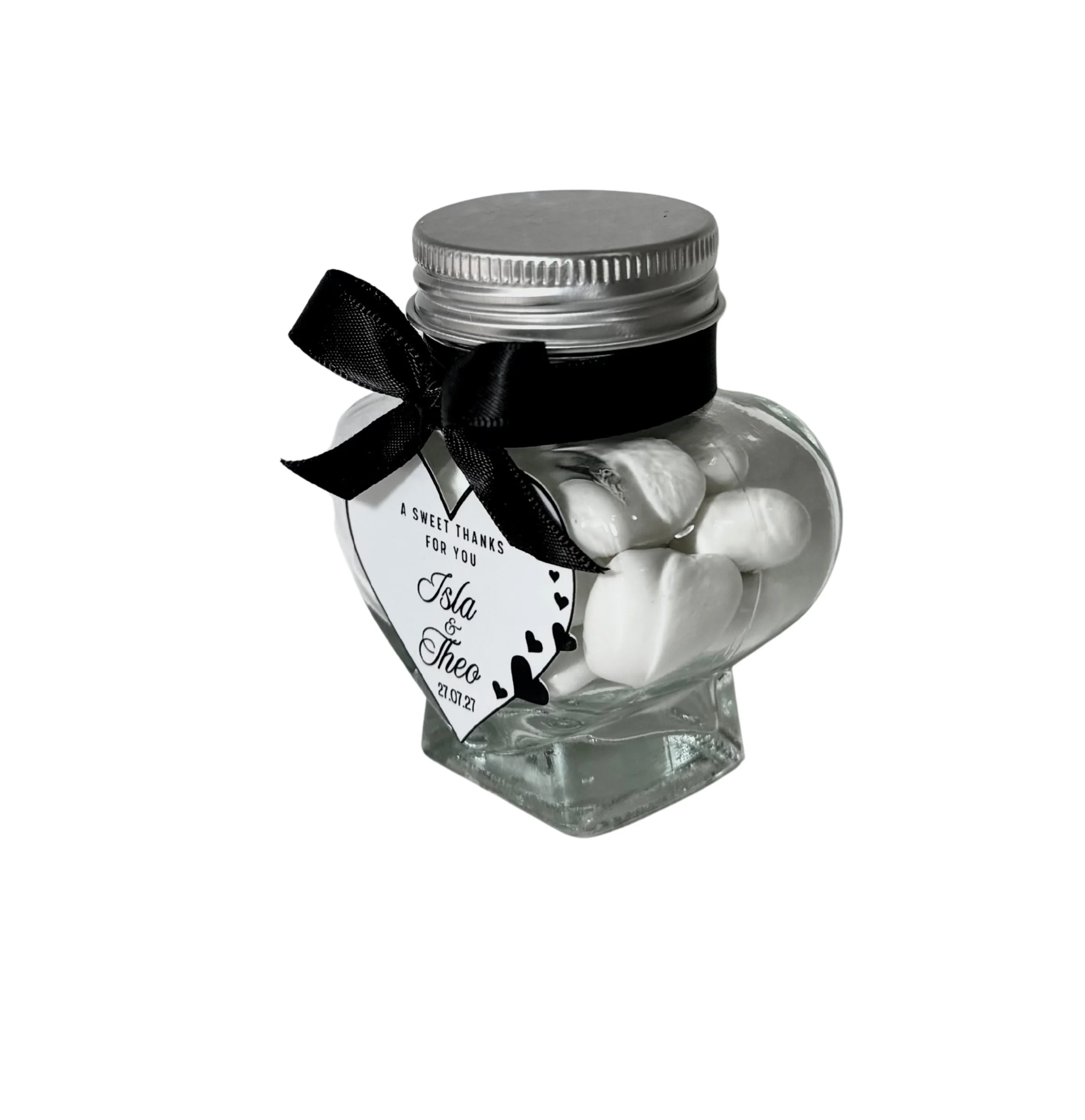 Heart chocolate jar with custom label and ribbon elegant wedding gift