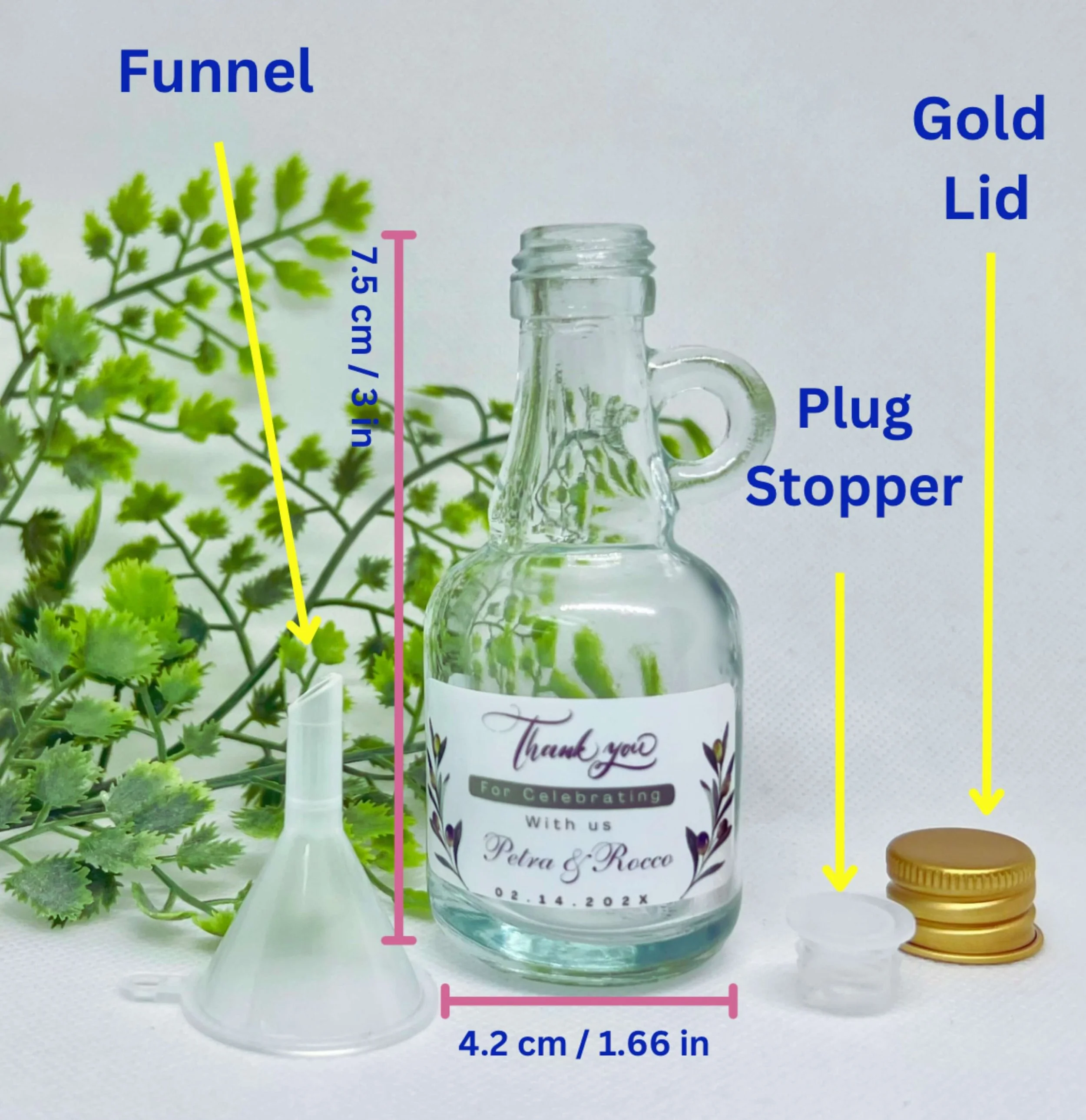 Mini olive oil glass bottle 50ml with handle and custom wedding label By Luna Brisbane