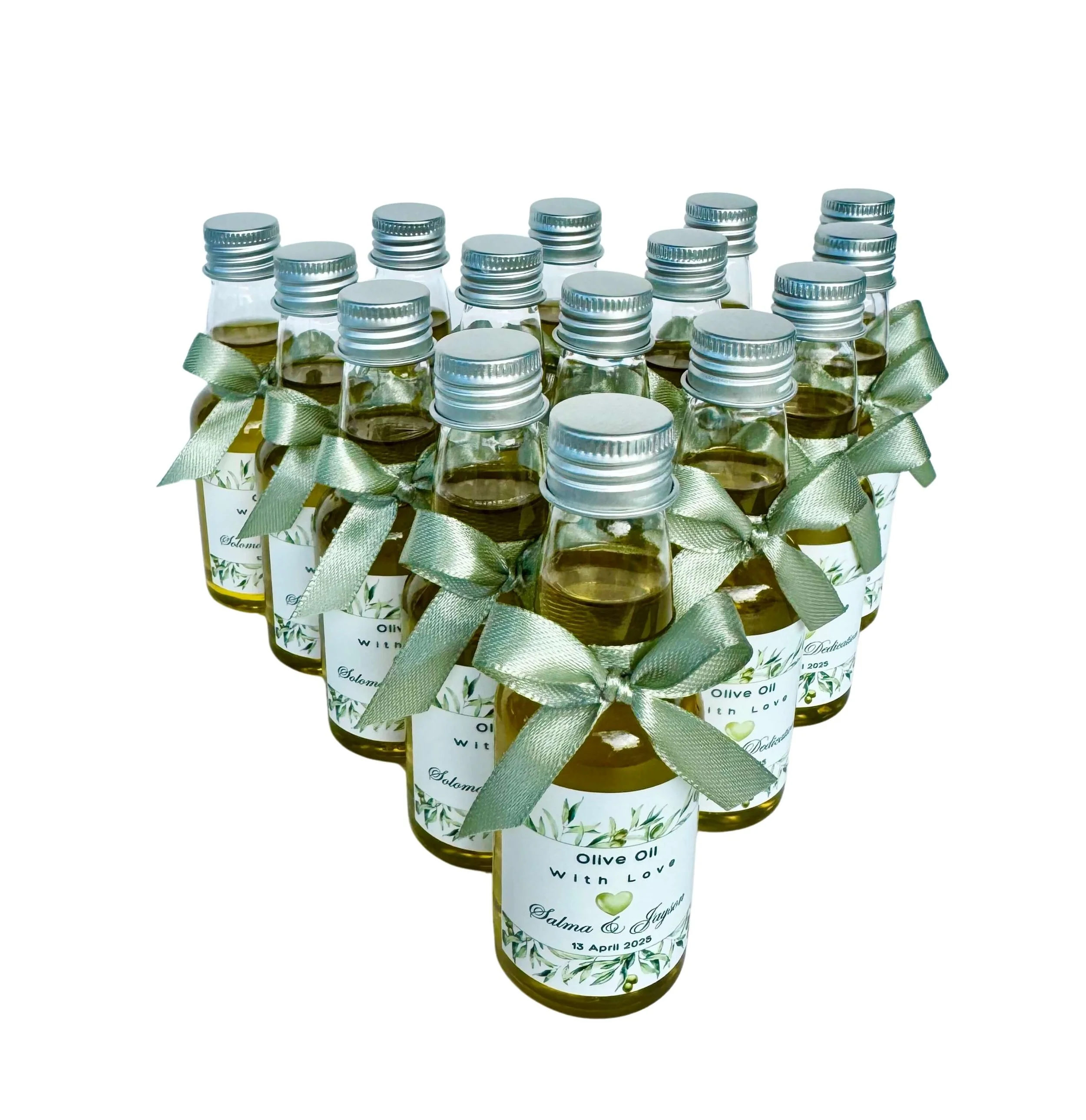 Olive oil clear glass mini bottle 50ml with green ribbon, Mediterranean wedding and event favour Australia by Favours By Luna