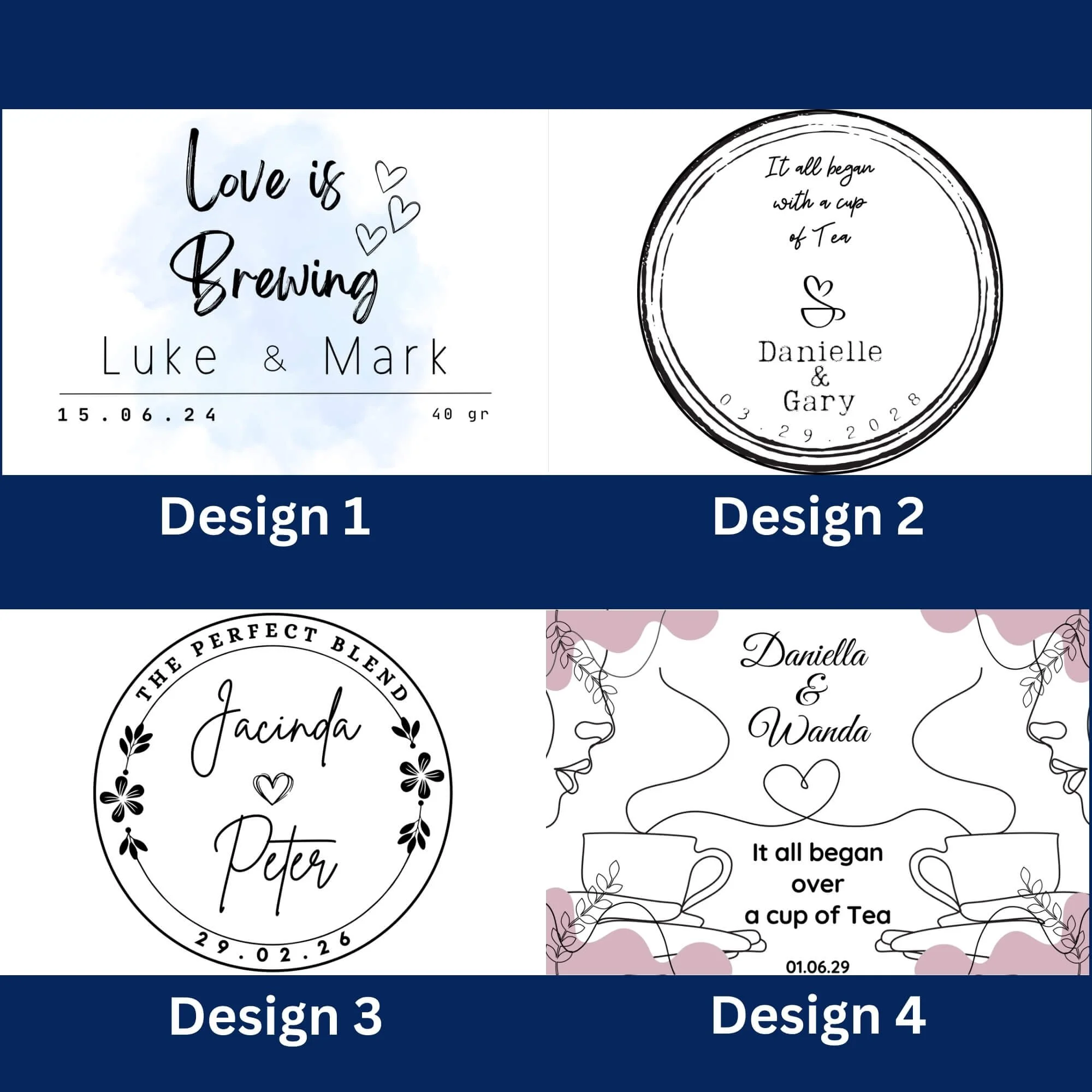 Loose tea bag personalised wedding and event favours with custom label By Luna Australia