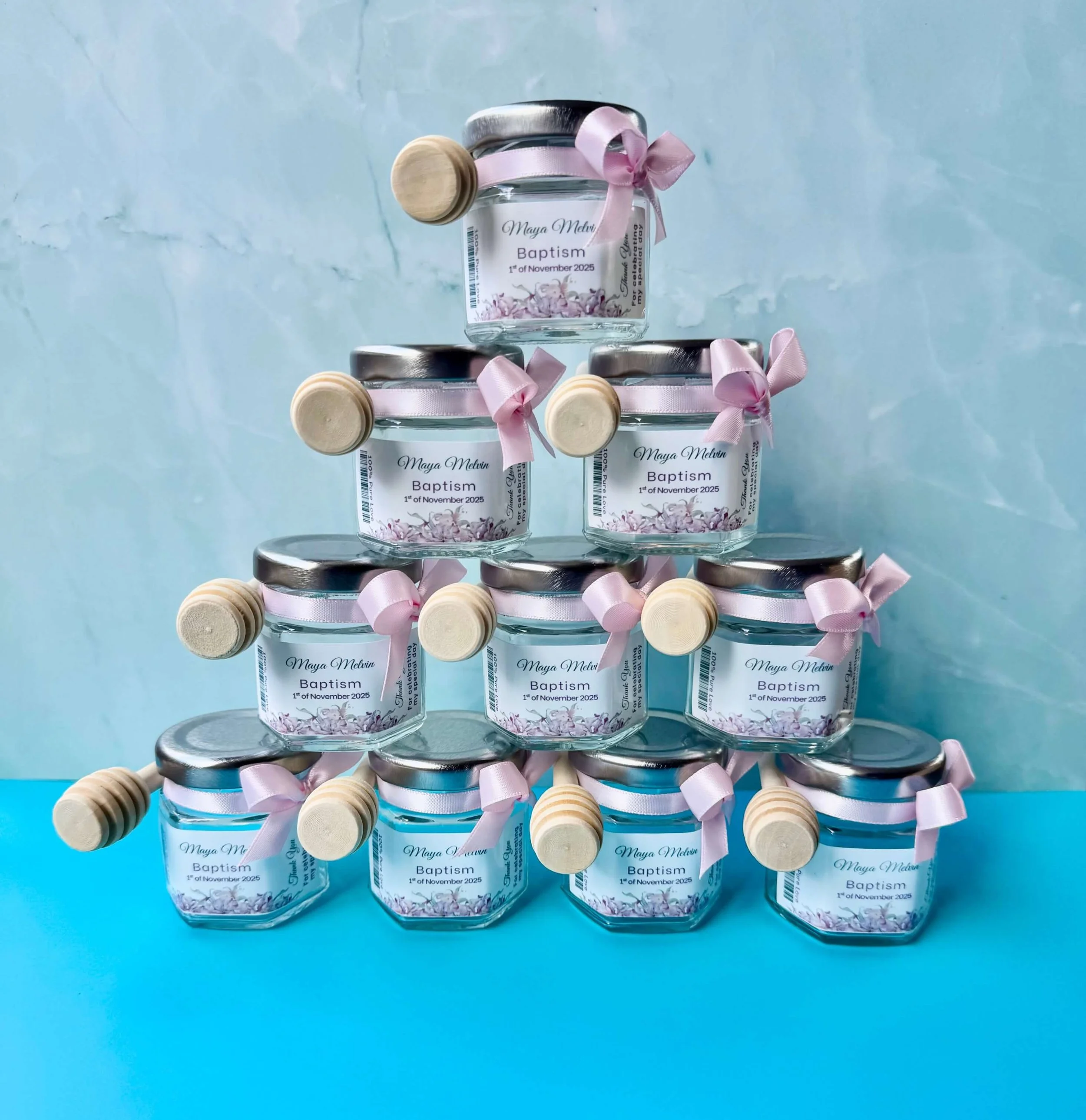 DIY honey jars with assorted ribbons and custom label options