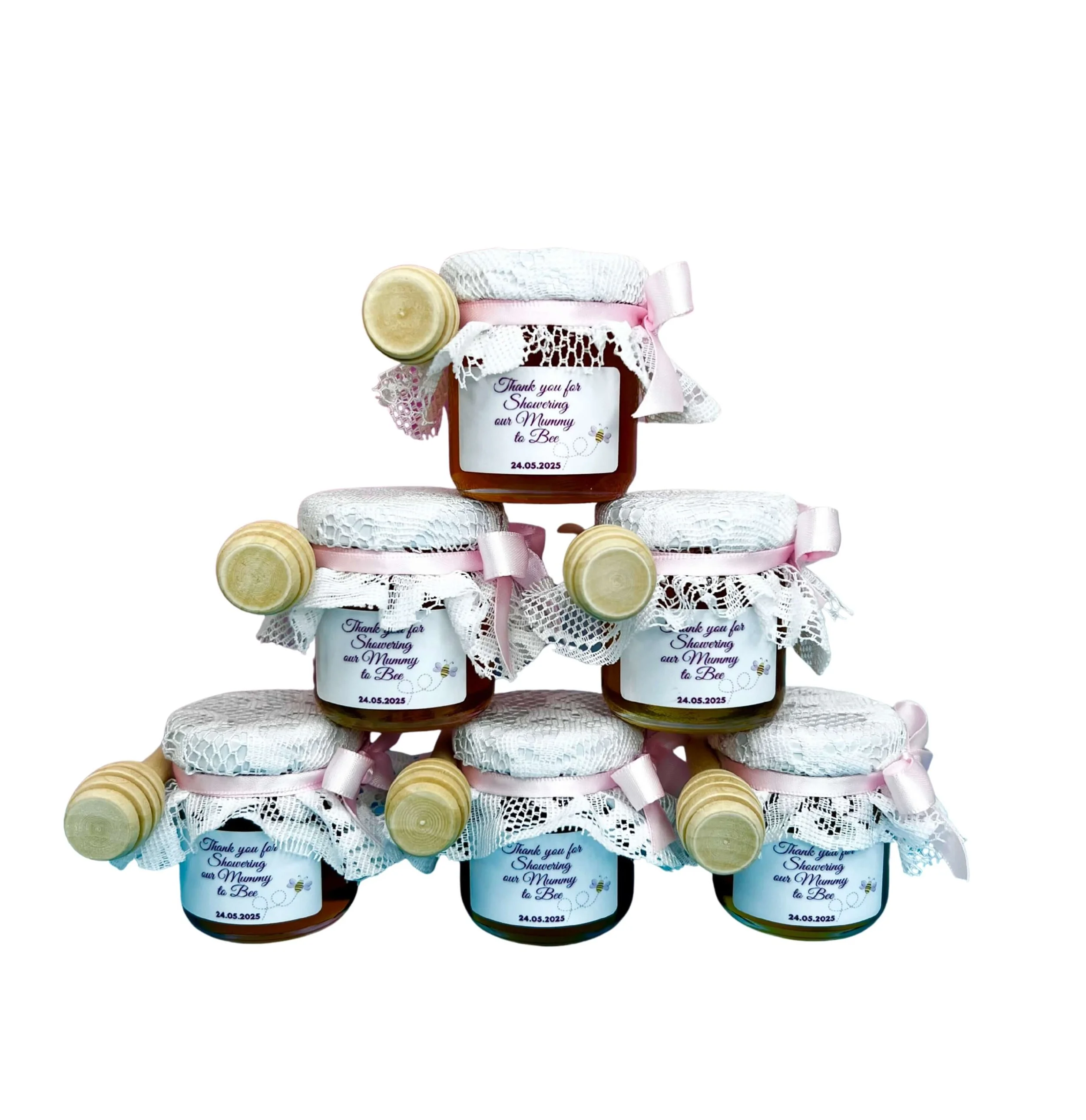 Mini honey jar 50ml with natural linen cover and wooden dipper, rustic wedding and events favour by Favours By Luna